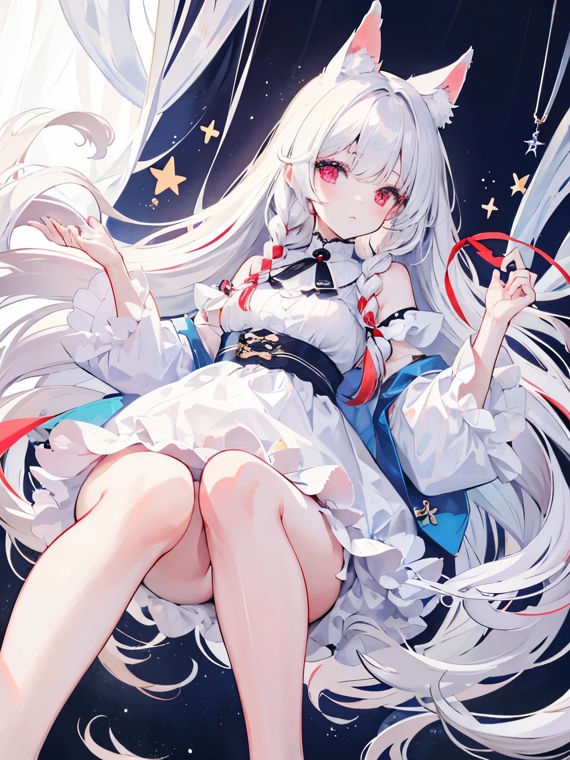 masterpiece, Highest quality, beautiful, high resolution, perfect anatomy, top-quality、 8K、 red eyes, white hair, long hair, Hairstyle with a tuft of braids hanging down from around the bangs on one side, White cat ears, White cat tail, a beauty girl、 Nice、 Beautiful hair、 Beautiful eyes、 Beautiful skin、Beautiful legs、Beautiful arms、Perfect fingers、 Very cute、 Very kawaii、