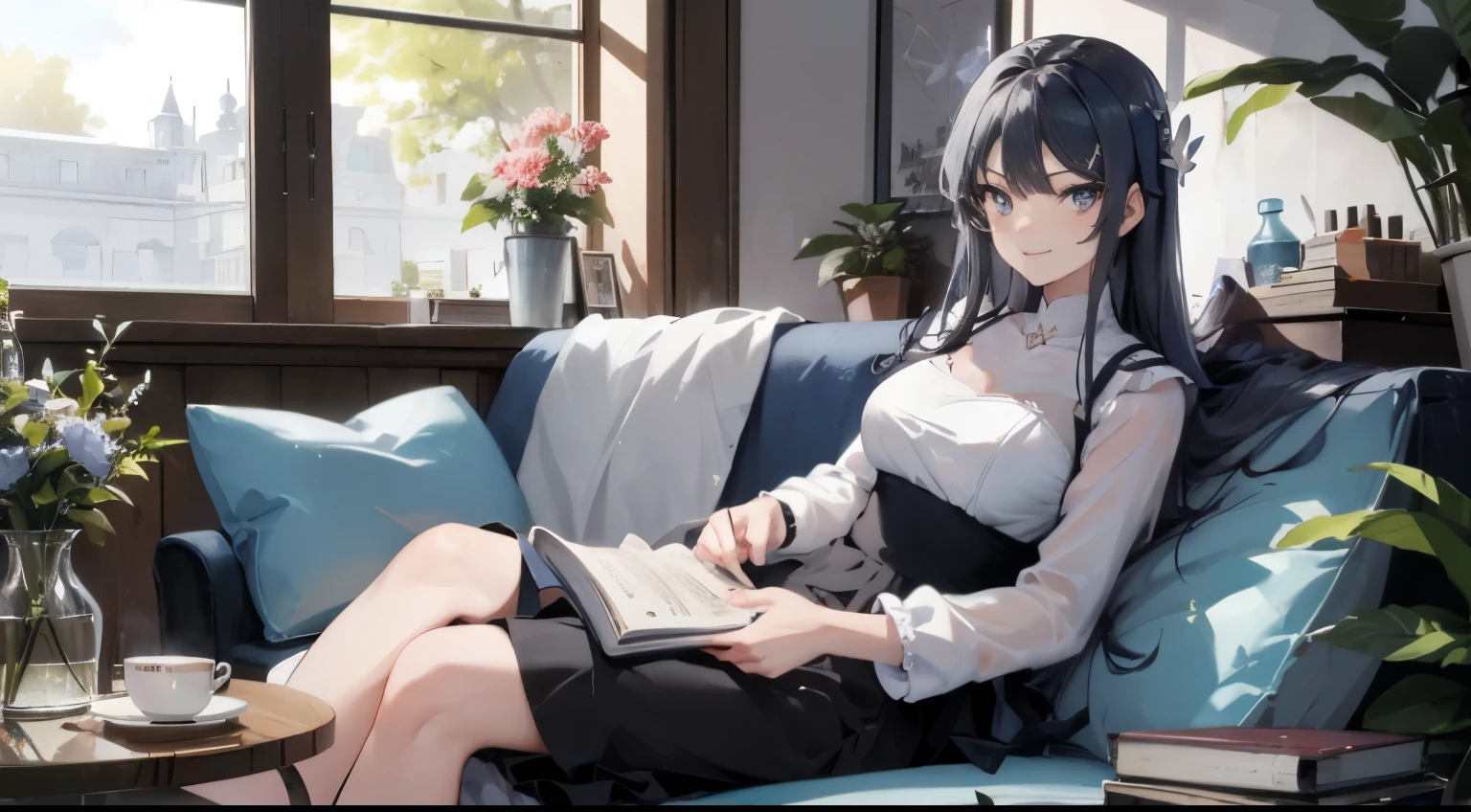 Mai sakurajima, hair flower, blue dress, grey eyes, light blue hair,large breasts, sexy,nsfw,
, 1 girl,seductive smile,(1 girl in the photo:1.5),(alone:1.5),(long black hair:1.1), beautiful purple eyes, (european style long dress:1.1), long sleeves,white legwear,white high heels
, potted planet,flowers, window,door,butterfly,tree,table,chair,sofa,book,tea, coffee,jar,
, dappled sunlight,ray tracing,dynamic angle, dynamic pose, chubby athletic body, purple colour eyes