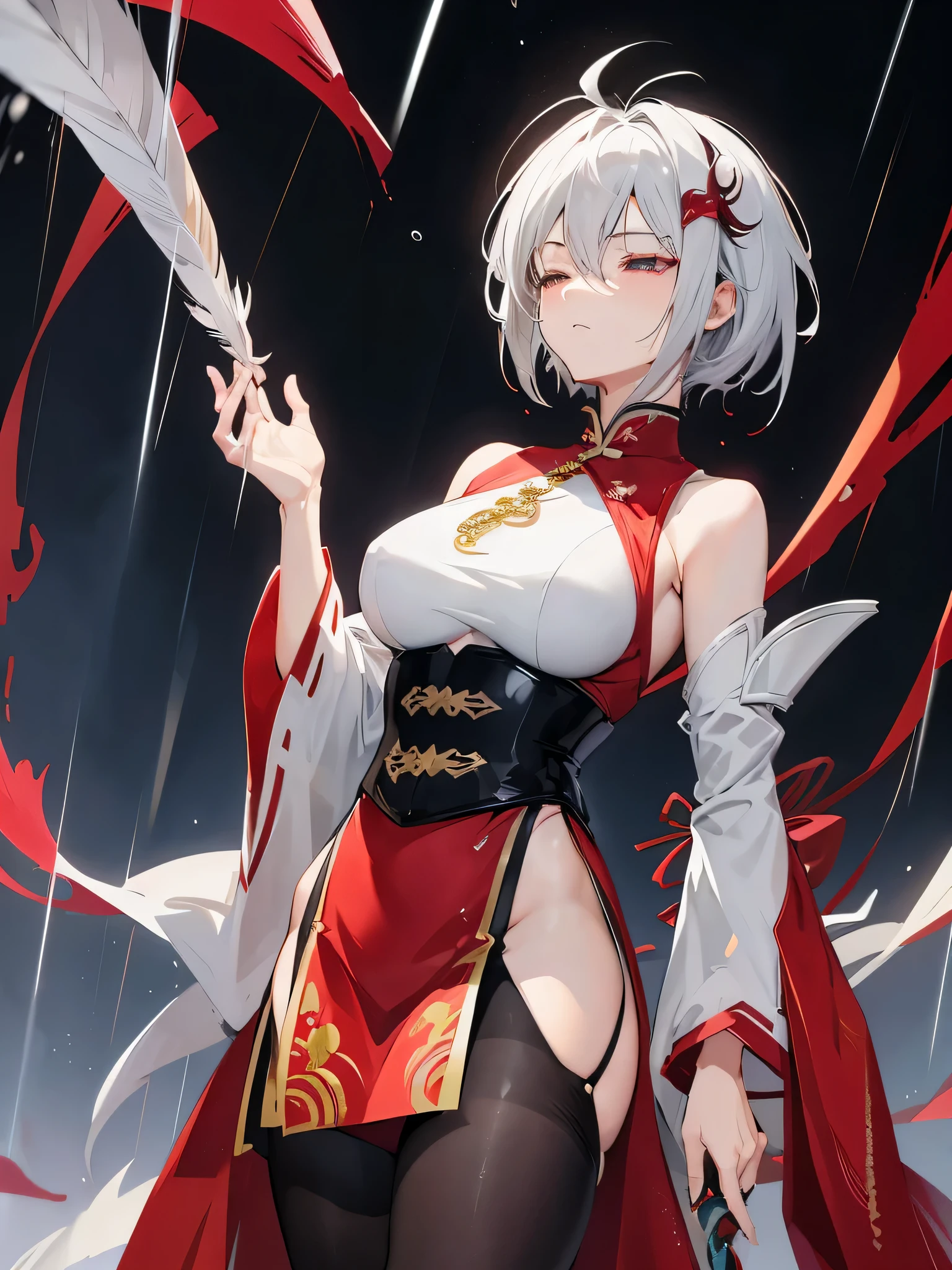 Anime style、Silver super saiyan-like very short hair、Mature Woman、Waist-length pheasant tail feather hair ornament based on red、Chinese-style armor based on red、thick thight、rain of black raindrops、dark sky、looks like him&#39;Close your eyes and look up at the sky