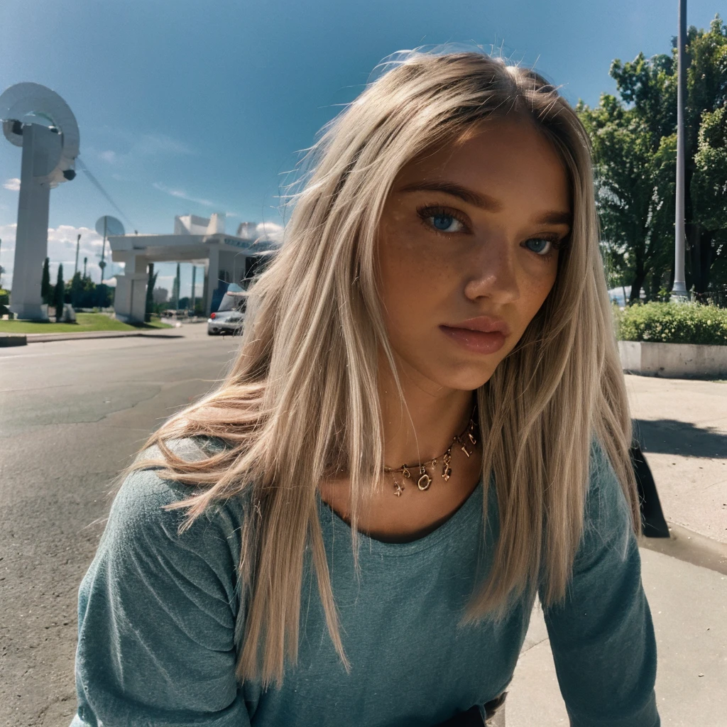 1 Frau, ultra realistisch, freckles, blonde hair with highlights, portrait, top with free shoulder, Aufgenommen mit Kodak 400, basecap, mit braunen Augen, outdoor, full body