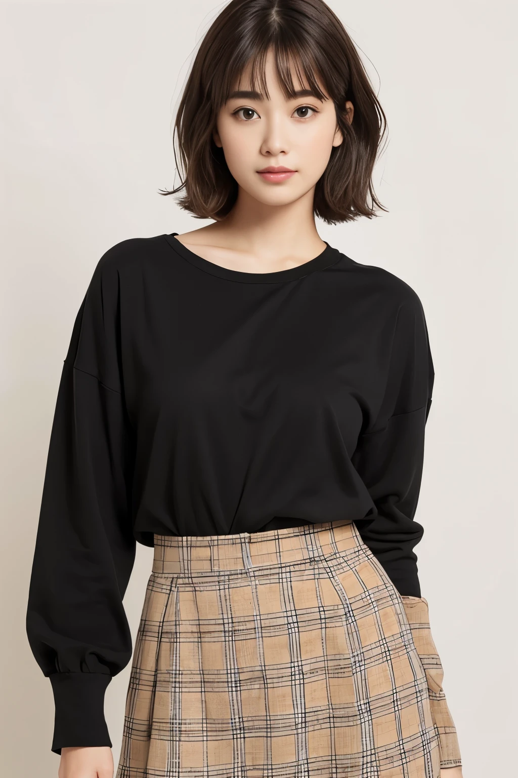masterpiece、一人のBeautuful Women、A detailed face、A detailed eye、Detailed skin、top-quality、japanes、常に真frontageを向く、White background,、28 year old、i'おっぱi'm wearing a plain black long-sleeved T-shirt.、Smile、short-cut、brown fluffy hair, Soft light, Beautuful Women、bright expression、(is standing)、frontage、Smaller chest、(Keep your upper body facing straight ahead.....),Wearing a long plaid skirt , FULL BODYSHOT,So that the whole body is reflected, White background, Bob Heyer.,keep your chest straight ahead..,Natural light、Black Long Sleeve T-Shirt、おっぱi'm wearing a plain black long-sleeved T-shirt、