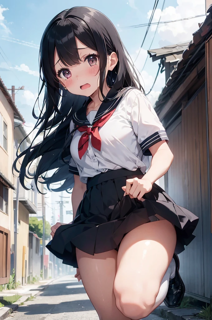 girl with black hair、a sailor suit、She lifts her skirt to reveal her white underwear.、Crying face、Cloudy juice dripping down my legs、hight resolution、hight resolution、high-level image quality、blush with embarrassment、is crying、Crying、Back alley、squatting、Full view of underwear、hight resolution、