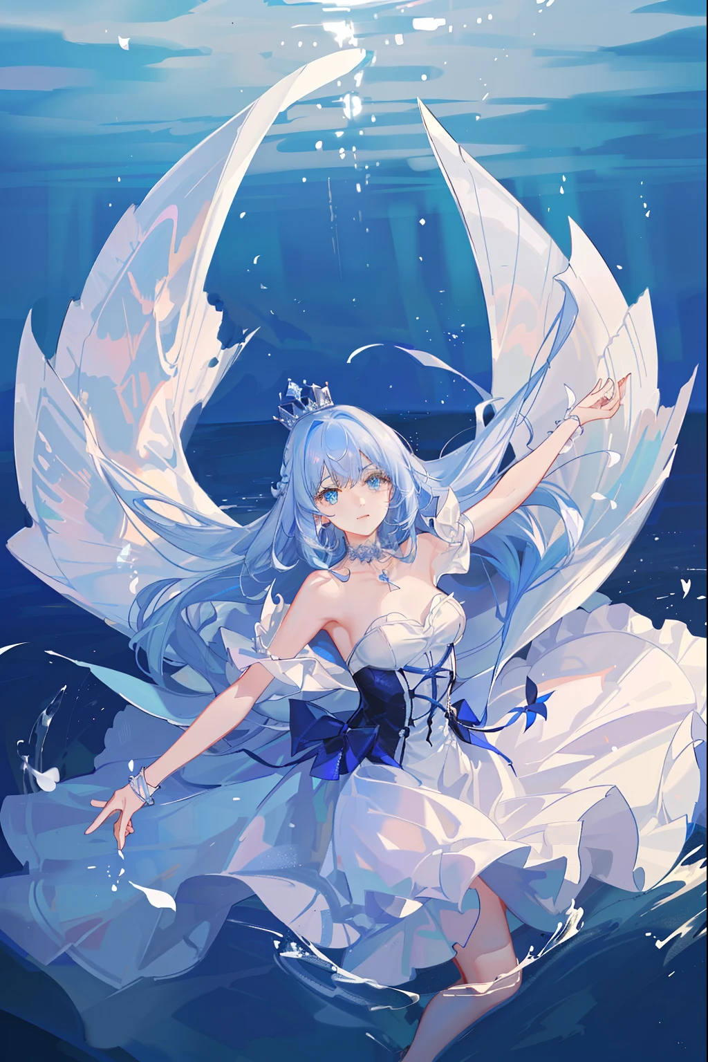 (((extreme picture quality, Extreme Quality, The Boys)), (crown on white background, choker necklace, pearls, decor, of shoulders, A lot of detail), (Female upper body only, Stunning sea views and boats, The fish), ((Long curly blue hair, Ocean blue, Gorgeous hair accessories for blue eyes, dreamy and mysterious dance [Cinema lenses, Intense light and shadow effects: 1.2, Vivid glow effects]).