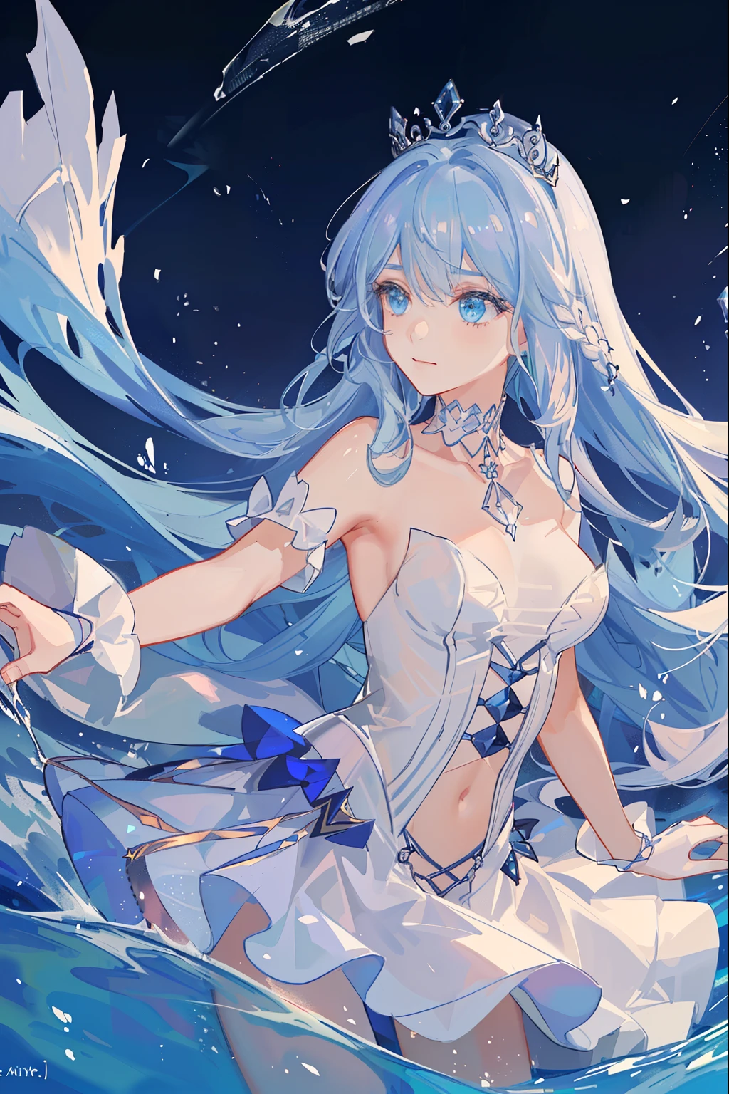 (((extreme picture quality, Extreme Quality, The Boys)), (crown on white background, choker necklace, pearls, decor, of shoulders, A lot of detail), (Female upper body only, Stunning sea views and boats, The fish), ((Long curly blue hair, Ocean blue, Gorgeous hair accessories for blue eyes, dreamy and mysterious dance [Cinema lenses, Intense light and shadow effects: 1.2, Vivid glow effects]).