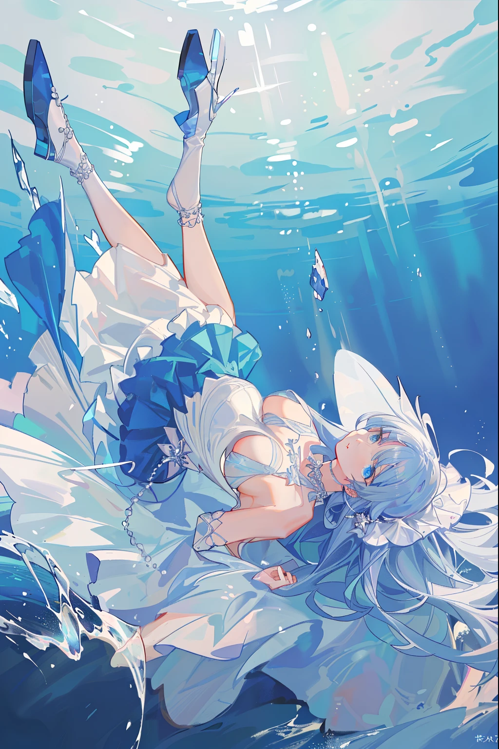 (((extreme picture quality, Extreme Quality, The Boys)), (crown on white background, choker necklace, pearls, decor, of shoulders, A lot of detail), (Female upper body only, Stunning sea views and boats, The fish), ((Long curly blue hair, Ocean blue, Gorgeous hair accessories for blue eyes, dreamy and mysterious dance [Cinema lenses, Intense light and shadow effects: 1.2, Vivid glow effects]).
