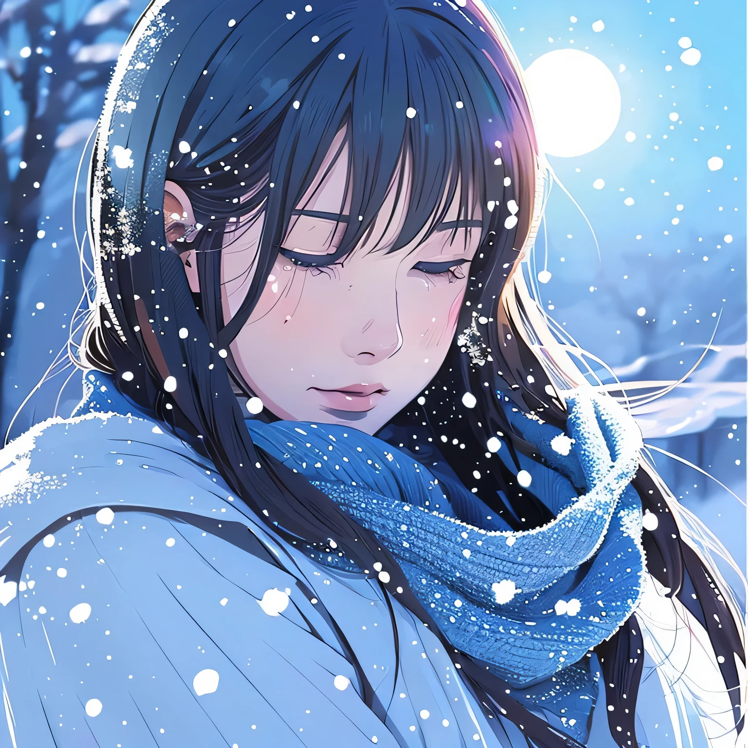 Illustration style、Showa Anime、Woman、(Snow)、((Sensitive))、the morning sun、((Tears))