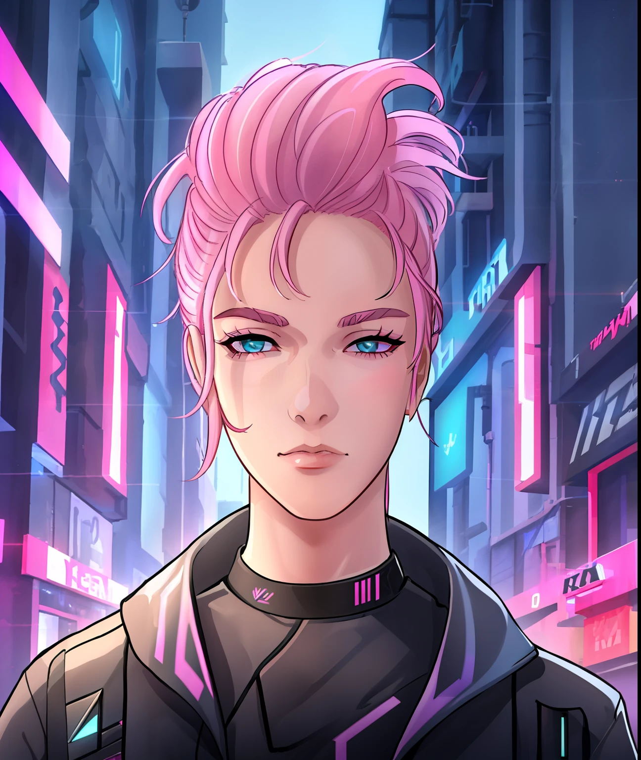 A young girl with pink hair and a black shirt in the city, styled by Kieran Younger, in Cyberpunk Ally, in Cyberpunk 2077, Ryan Flash concept artist, inspired by Henrik Thrun Gram, Wise Man (evaluation), the background iuturistic, neon funk