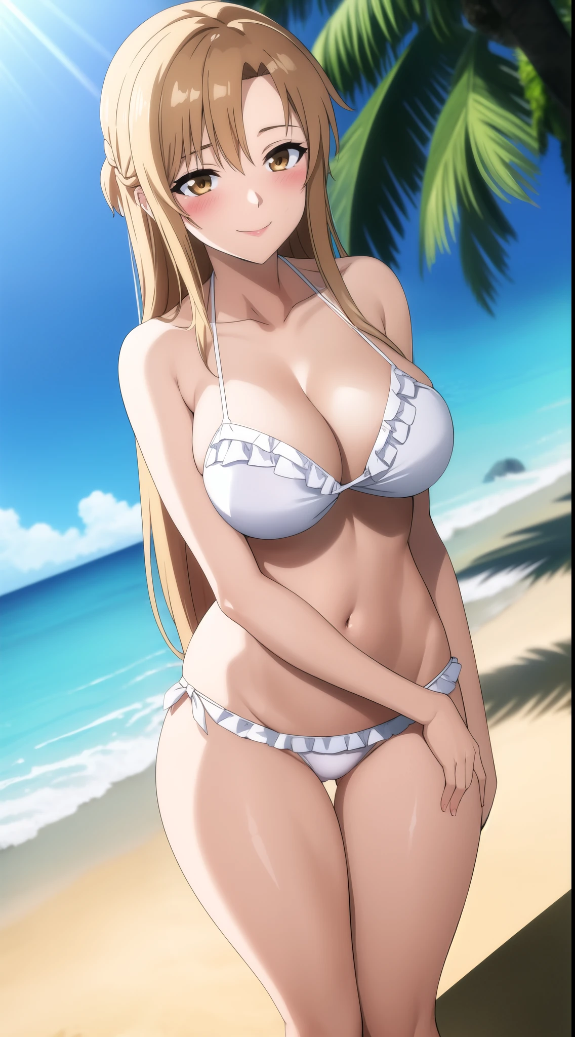 (best quality:1.5, highres, UHD, 4K, detailed lighting, shaders, perfect hand anatomy), asuna yuuki, light brown long hair, large breasts, thighs, crotch, sexy, erotic, lewd, seductice, ecchi, hentai, porn, white frilly bikini, smiling, hot, horny, pov, blushing, beach background, standing