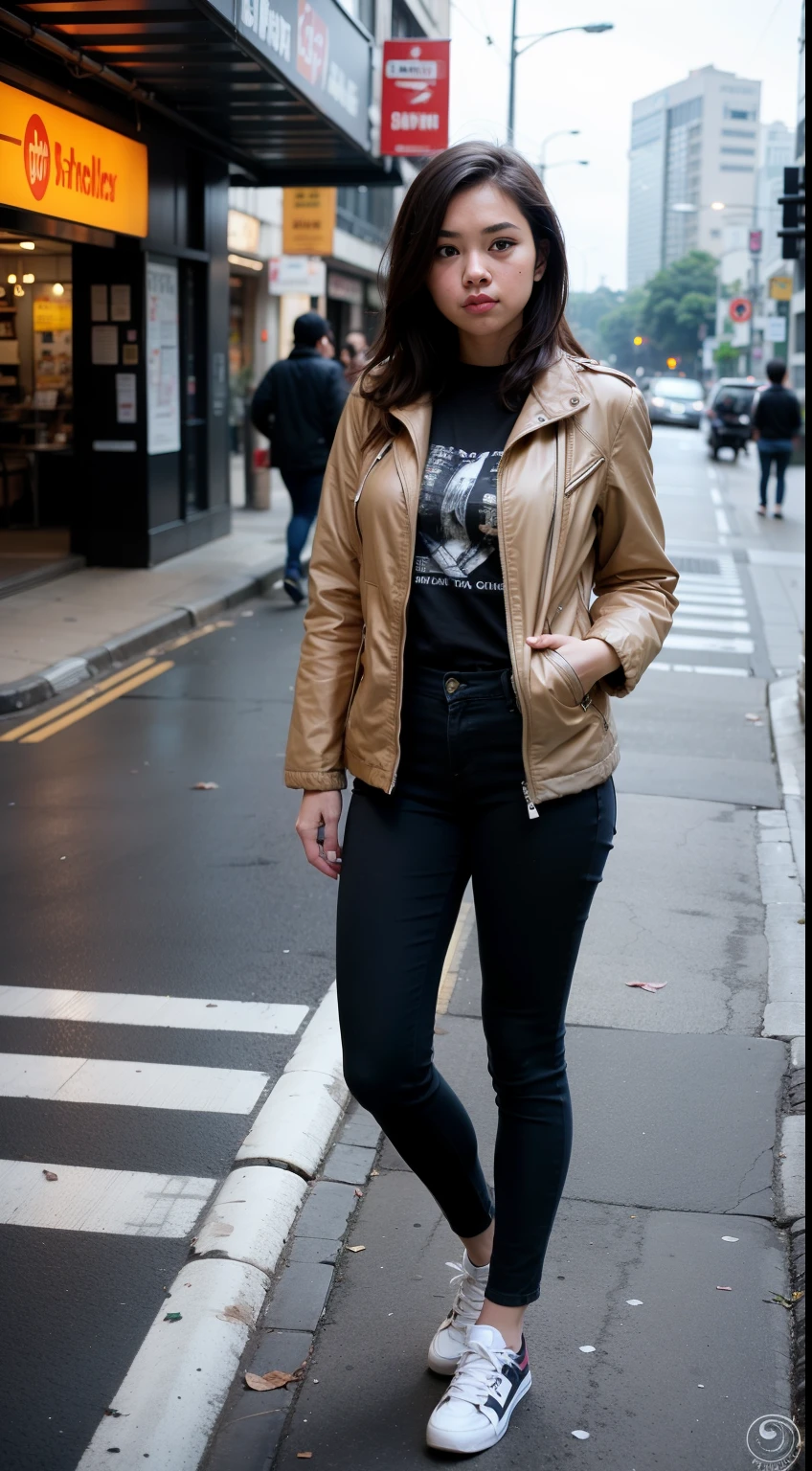 a photo, a girl who was standing in the city, Jakarta city, city streets, busy city atmosphere, early morning, girl, short dark brown hair, green eyes, thin face, wearing a white t-shirt, Wear a light brown jacket, (black trousers), Looking ahead, high resolution