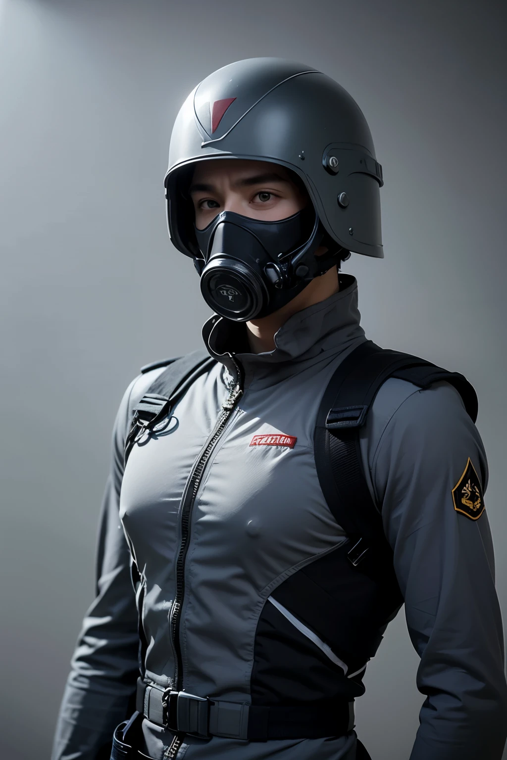 A high-tech soldier wearing a futuristic war head scarf, designed to protect his head from various projectiles and debris. His skin tone is a pale shade of gray, contrasting with the darker gray of his combat uniform. His body language exudes confidence and readiness for battle, as he stands at attention with his shoulders squared and his chin slightly tilted upward. The soldier's gas mask is secured tightly around his face, its surface reflecting the harsh fluorescent lighting of the military installation. The mask's visor is smudged with a faint layer of grime, hinting at the dangers he has faced in the field. His uniform is meticulously pressed and free of wrinkles, displaying the soldier's dedication to his craft. On his chest, various high-tech devices and pouches are attached, each serving a specific purpose in the heat of combat. The background of the image is a plain, featureless wall painted in the same shade of gray as the soldier's uniform, emphasizing his prominence in the scene. The image is captured in a stark, portrait-style composition, showcasing the soldier's resilience and determination in the face of adversity.
