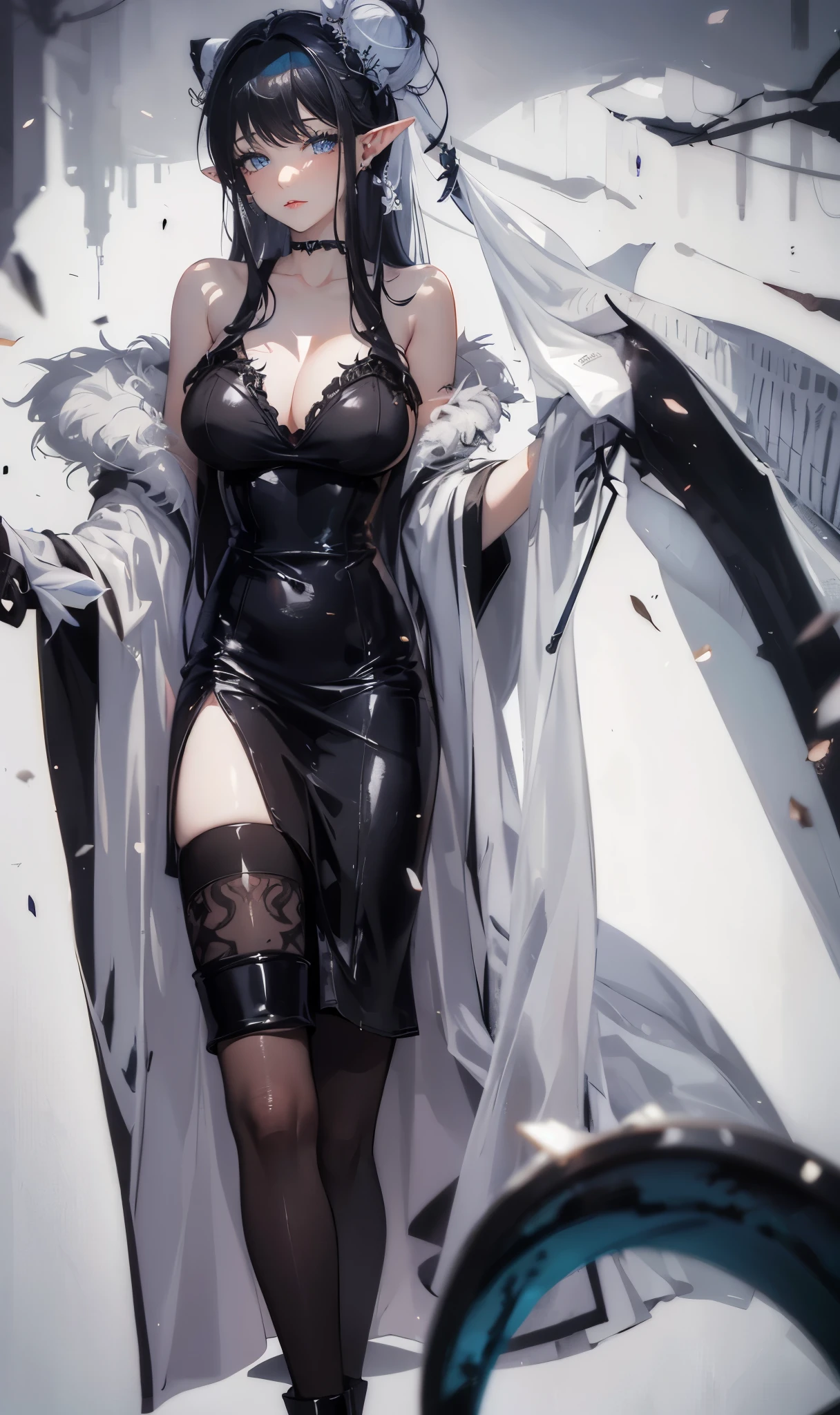 close up, The world of dreams, Imperial sister, (a black bun，hair pin)，Long elven ears,  Redlip, suspender tight long skirt, fur shawl, humanoid creature, Medieval port, Her skin is very white, White complexion, blue colored eyes, messy gray-black hair, two longer legs,black and white stockings,Two stocking leg tattoos of different colors,