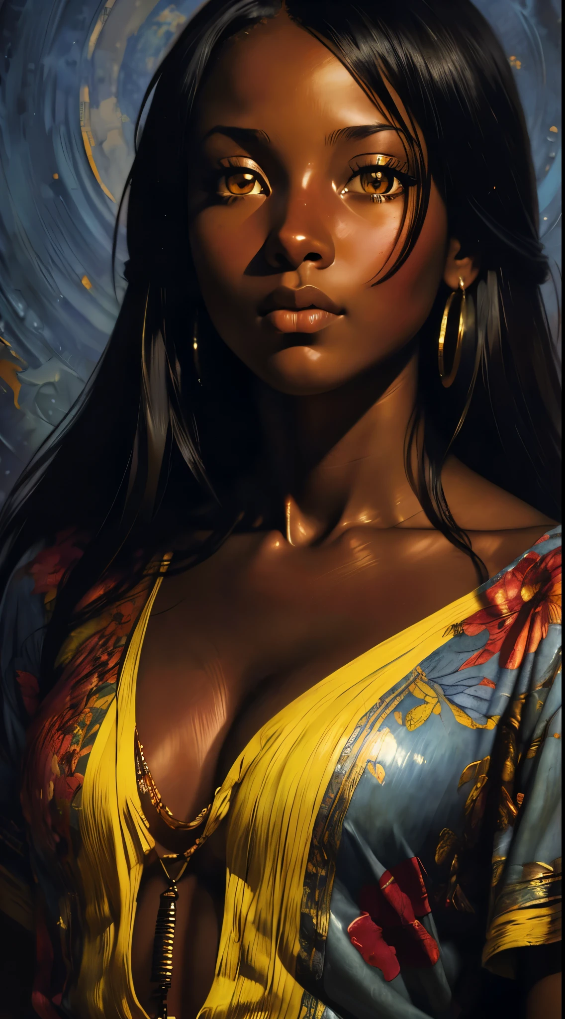 ((Solo Beautiful Carribean woman with dark skin and striking eyes)),  shadowed interior background, art by akihiko yoshida, manga art style, colorfield illustration, scary atmosphere, global illumination, by frank frazetta, art by goro fujita, banner, blur, anime key visual, (blue, yellow and gray colors), photorealistic,  dramatic, anime girl, ((african american features, ebony nose)) , black hair, intricately detailed, chiaroscuro, pino daeni, impressionist (best quality, masterpiece)