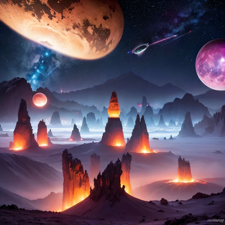 Strange photos of heavy metal planetary clouds, Electron microscopy photography, Tissue engineering, Infrared spectroscopy, Statistical mechanics, Dada Photo Montage, future proposals, Mark Caseley, quantum level ,Light orange style,Purple pink series,Alien Hexagonal Base (Nipples are very delicate) In a hexagonal mountain oasis,There are several hexagonal exhaust fans and chimneys, some neon lights project from the base,Light up the night), There are some clouds in the night sky, Some surrounding planets provide air to unknown planets,The most remote giant hexagonal volcano erupts,the rainforest