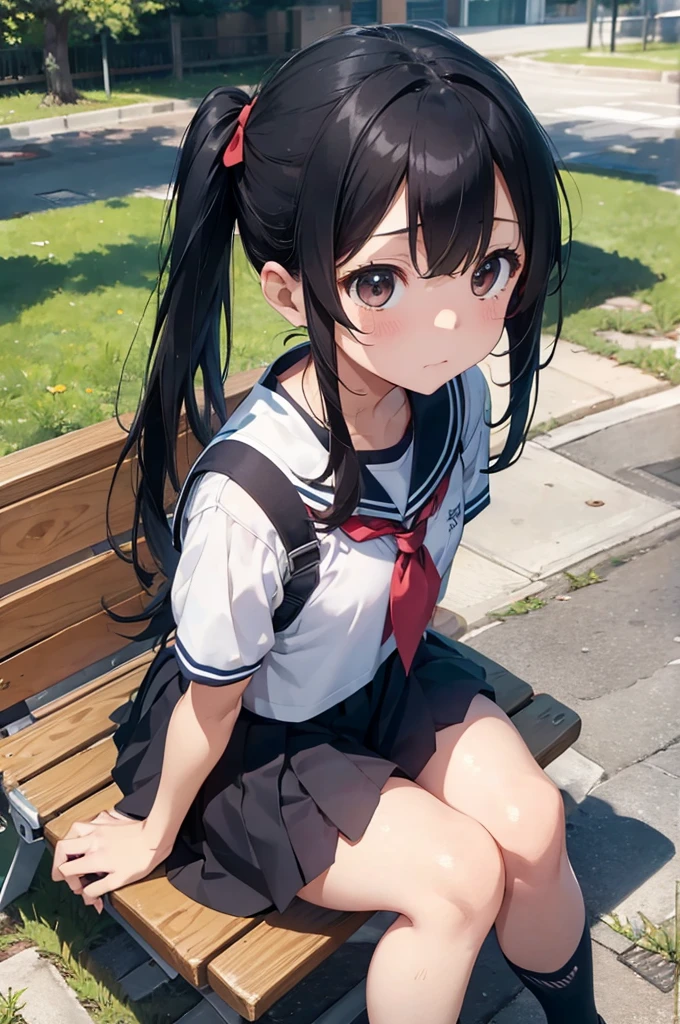 Sunny daytime、sitting with legs apart on a park bench、Black hair twintails、s girl、a sailor suit、Full view of underwear、Embarrassing、Teary-eyed、hight resolution、