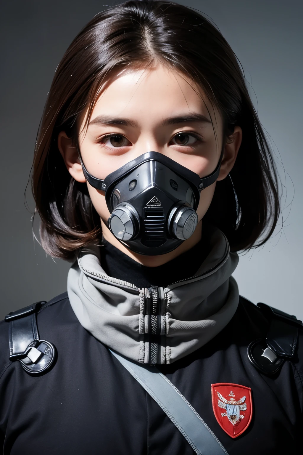 A high-tech soldier wearing a futuristic war head scarf, designed to protect his head from various projectiles and debris. His skin tone is a pale shade of gray, contrasting with the darker gray of his combat uniform. His body language exudes confidence and readiness for battle, as he stands at attention with his shoulders squared and his chin slightly tilted upward. The soldier's gas mask is secured tightly around his face, its surface reflecting the harsh fluorescent lighting of the military installation. The mask's visor is smudged with a faint layer of grime, hinting at the dangers he has faced in the field. His uniform is meticulously pressed and free of wrinkles, displaying the soldier's dedication to his craft. On his chest, various high-tech devices and pouches are attached, each serving a specific purpose in the heat of combat. The background of the image is a plain, featureless wall painted in the same shade of gray as the soldier's uniform, emphasizing his prominence in the scene. The image is captured in a stark, portrait-style composition, showcasing the soldier's resilience and determination in the face of adversity.