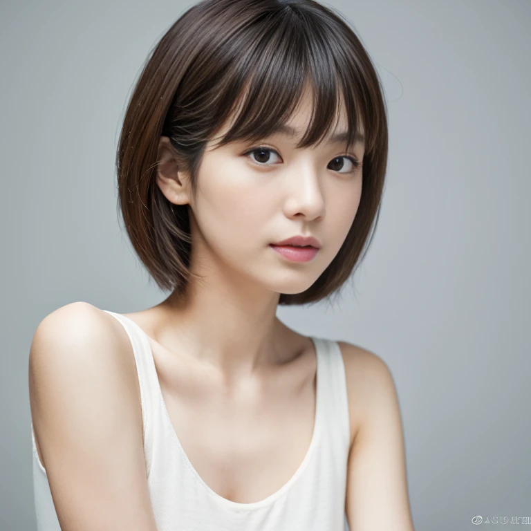 ((masutepiece,top-quality)), (photographrealistic:1.4),((masutepiece,8K)),hight resolution,Studio Soft Light, Rim Lights, vibrant detail, realistic skin textures,Japanese, 1 beautiful woman, Short hair, faint thin bangs, make - up, 38 years, Detailed skin, tight grey dress, Standing, White background, White Room,white walls, fully body photo, Looking at Viewer