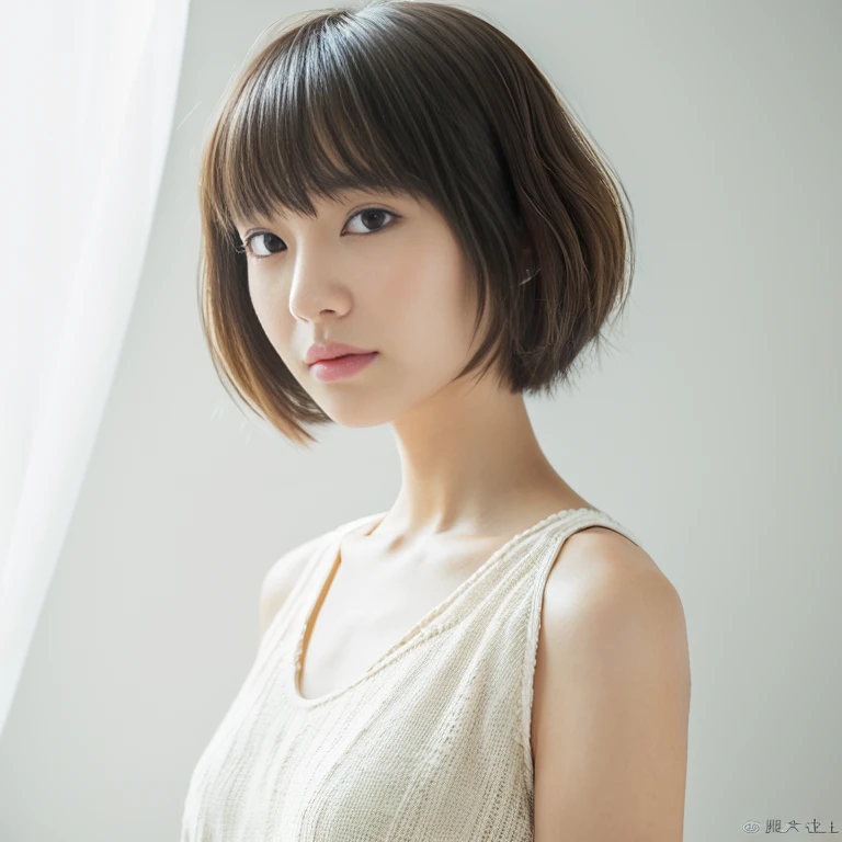 ((masutepiece,top-quality)), (photographrealistic:1.4),((masutepiece,8K)),hight resolution,Studio Soft Light, Rim Lights, vibrant detail, realistic skin textures,Japanese, 1 beautiful woman, Short hair, faint thin bangs, make - up, 38 years, Detailed skin, tight grey dress, Standing, White background, White Room,white walls, fully body photo, Looking at Viewer
