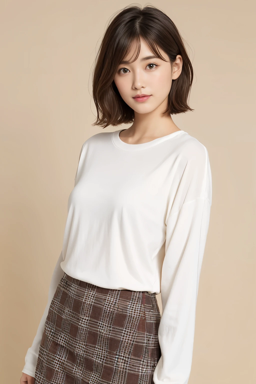 ​masterpiece、一人のBeautuful Women、A detailed face、A detailed eye、Detailed skin、top-quality、japanes、常に真frontageを向く、White background,、28 year old、i&#39;おっぱi&#39;m wearing a plain black long-sleeved T-shirt.、Smile、short-cut、brown fluffy hair, Soft light, Beautuful Women、bright expression、(is standing)、frontage、Smaller chest、(Keep your upper body facing straight ahead.....),Wearing a long plaid skirt , FULL BODYSHOT,So that the whole body is reflected, White background, Bob Heyer.,keep your chest straight ahead..,Natural light、Black Long Sleeve T-Shirt、おっぱi&#39;m wearing a plain black long-sleeved T-shirt、