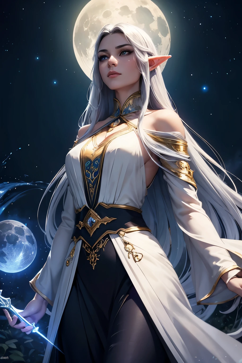 Moon goddess in beautiful dress. white dress, she is holding a white rabbit in her arms, art by mschiffer, mystical, she is enchanted, magical light, 32K resolution, top quality, dynamic pose, action pose, Xerven Livafiel, color fragment, sketchbook, hand drawn Graphic Sketch, Rough Sketch, Mix of Dark Bold and Loose Lines, Bold Lines, On Paper, ((Folded Character Sheet)), Full Length, Beautiful Theme, Partially Braided Flowing White Hair, Noble, Scattered Moon Stones, Including everything from headdress to toes, Black without Moon Background,