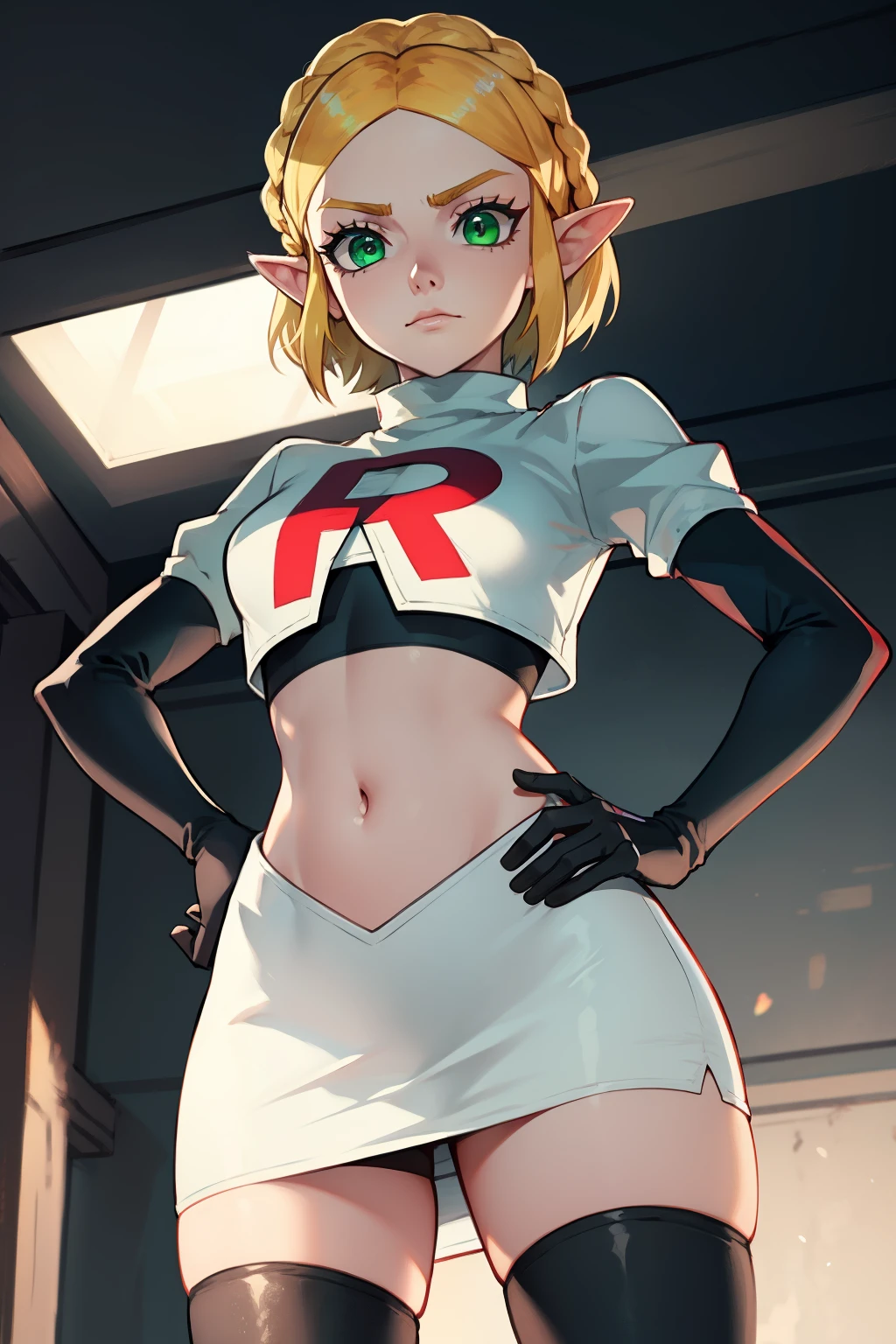 Zelda, green eyes, short hair ,team rocket,team rocket uniform, red letter R, white skirt,white crop top,black thigh-high boots ,black elbow gloves, sinister villianess look, looking down on viewer, hands on hips