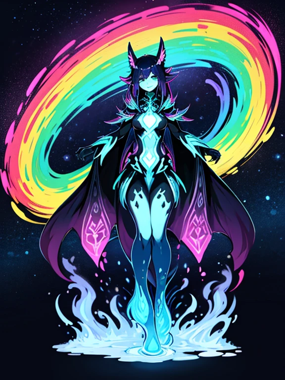 Tall elemental woman, multicolor energy flows