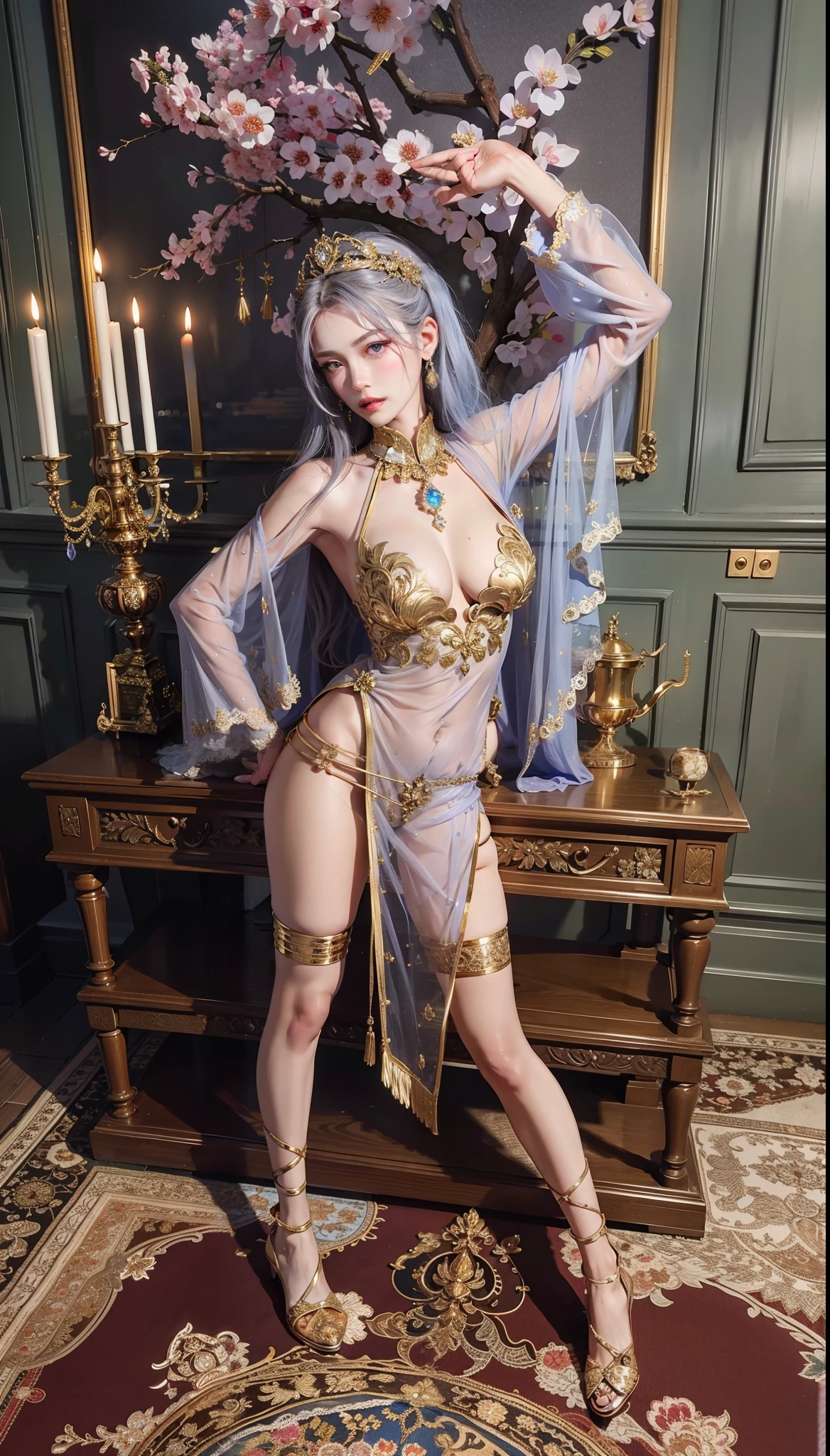 Imperial sister，詳細な目，Detailed facial expressions，Ripe body，Tall figure，the number，legs long，4K，k hd，fleshy feeling，White translucent lace，Fair and plump figure，Nice face，Cherry small mouth，beautiful and delicious（3D royal sister)，Gorgeous dress encrusted with gemstones crystal gold diamonds，