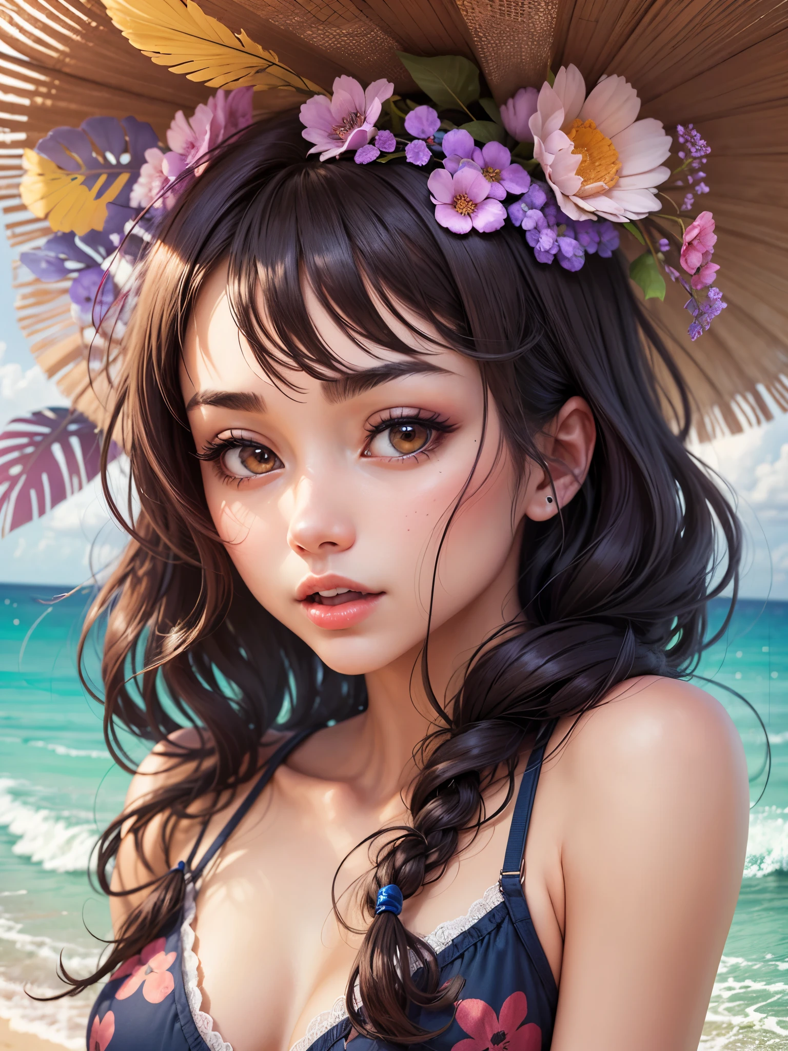 A woman with a hat on her head standing on the beach - SeaArt AI