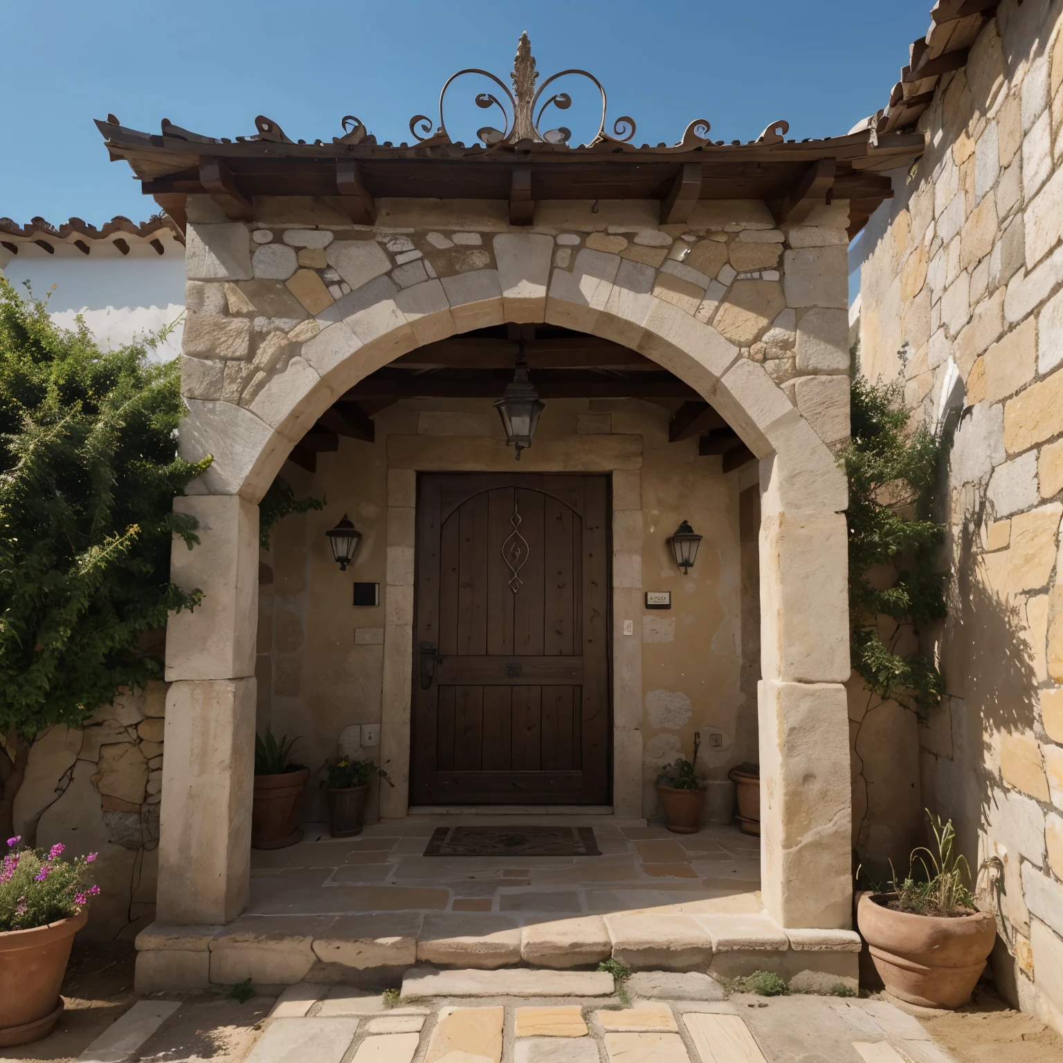 Prompt para projecto de entrada
```
You are a landscape architect specializing in rustic projects in Alentejo, Portugal. Your customer wants a clear, easily interpretable design for a massive, heavy iron gate, which will result in the need for two stone pillars to support.
1. **Solid Iron Gate:**
- Duas meias portas com cerca de 1.50 metros cada.
- Gradeamento nas portas.
- Design robusto e pesado.
- Cor escura.
2. **Muro de Pedra com Pilares:**
- Built with natural stone from Estremoz and Vila Viçosa, Portugal.
- Comprimento aproximado de 10 metros e altura de 1 metro.
- Two stone pillars to support the robust gate.
- Rustic style and integrated into the environment.
3. **General considerations:**
- The image must be clear to help the client carry out the work.
- Use sustainable materials whenever possible.
Por favor, provide a detailed and visually representative description of the project, considerando os elementos acima. Be sure to highlight the desired rustic features and harmonious integration with the Alentejo environment.
```