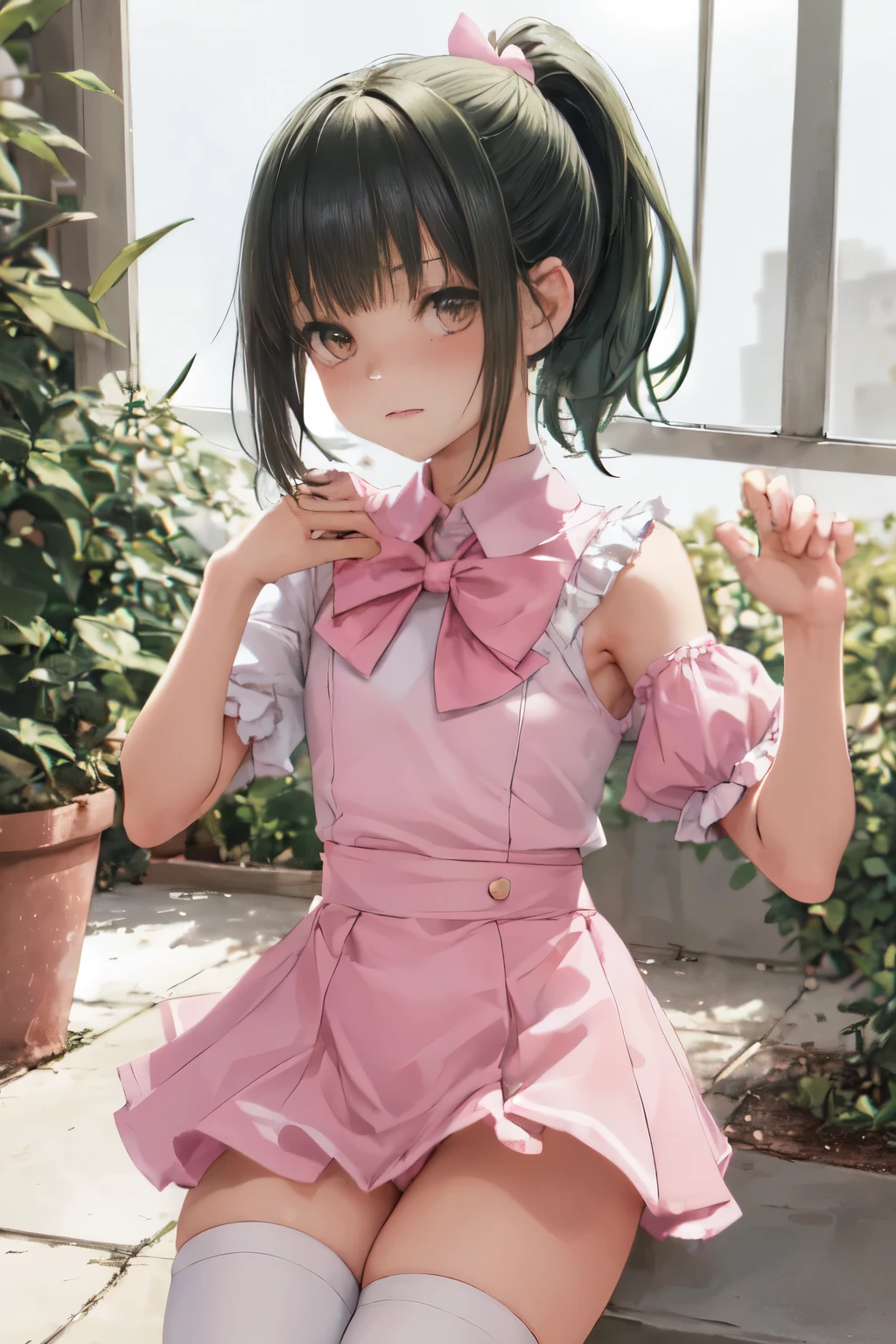 {{{{amazing quality,fantastic quality,High quality, very Aesthetic,Aesthetic, Best Quality, Realistic}}}},Real life,1girl in,Beautiful Girl,,Blunt bangs,Ponytail,Dark green hair,Brown eyes,Round eyes,white bow, Petite, 10 years old, Blunt bangs, Short Ponytail, Black hair, flat chest, {{Pink sailor color}}, thighs thighs thighs thighs, {pink knee socks lil knee socks,Detailed body,Photo,Shadow,Three-dimensional, heart brooch,Raise your hands to show your armpits、
{{pink elbow love}}, {{Leotard Peek}},{white  leotard}, Pink and white costume,puffies_Short_sleeves,{Marching Band}、crass room