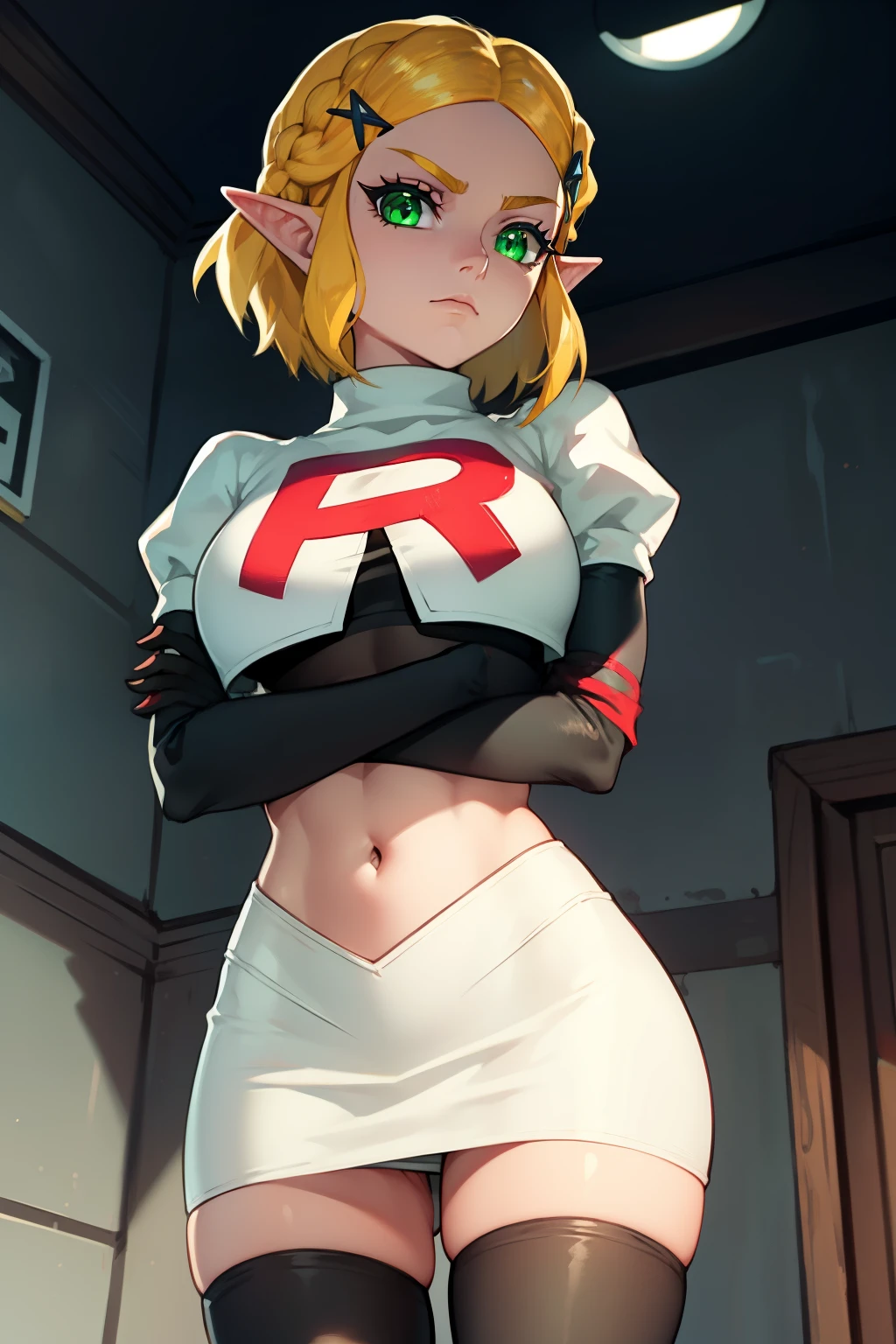 Zelda, green eyes, short hair ,team rocket,team rocket uniform, red letter R, white skirt,white crop top,black thigh-high boots ,black elbow gloves, sinister villianess look, looking down on viewer, arms crossed