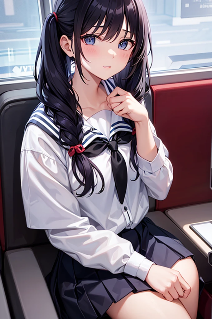sitting in seats facing each other on the train、Underwear is visible、Embarrassing、Black hair twintails、a beauty girl、a sailor suit、hight resolution、