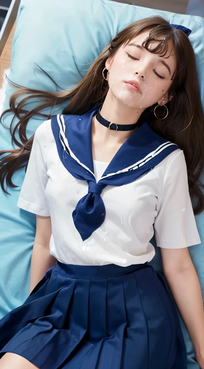 1 girl, long hair, light brown hair， blue_sailor_collar， blue short skirt， bushes， red Choker， Collarbone， sky， ear ring， blossoms， jewellery， Lips， indoor， pleat skirt， sailor_collar， school_uniform, short_sleeves，Lying down on the back, close eyes, sleep, whole body, from below, (semen on forehead:1.4), (semen on skirt:1.8),