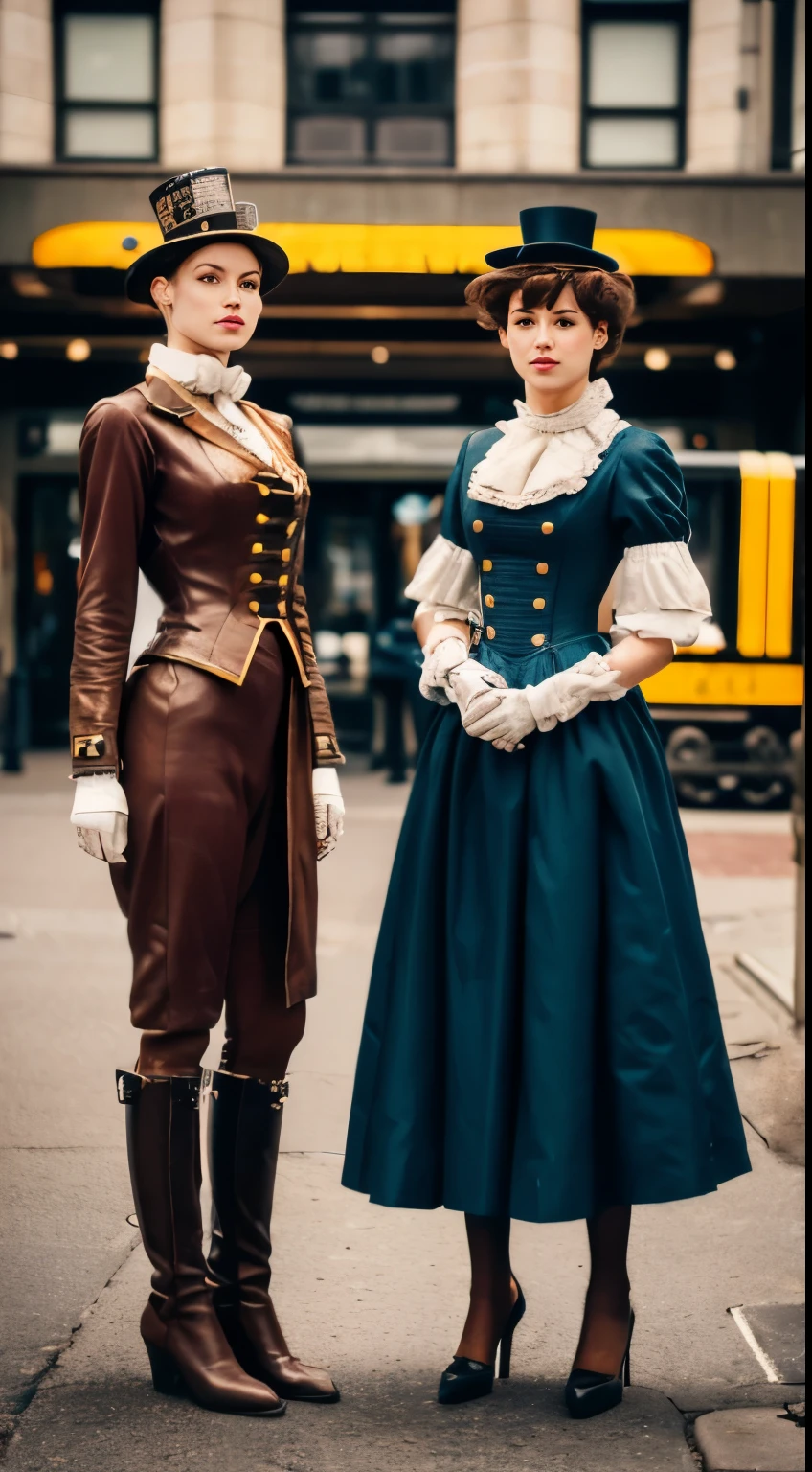 Two robots stand on the street, in detailed steampunk dress, Cinematic style photography, Two Women, Inspired by Jean Thabot, Three Women, terminal, Fish man々, Photo taken in 2008, Ian McCaig, Humanized, 5 0 0 px models, promo photo, 1 9th century photographs