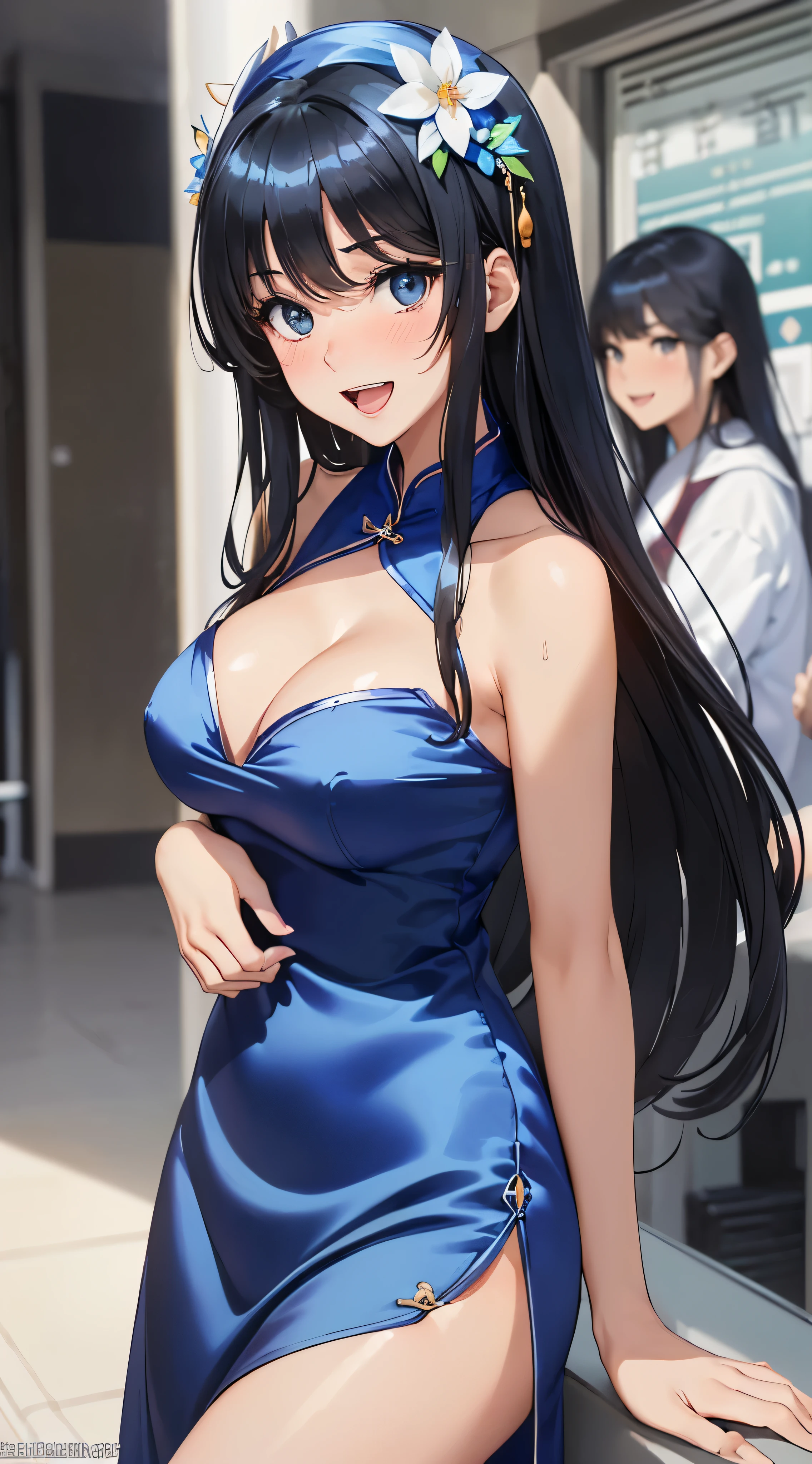 1womanl,Black hair,14years ,(()),Beautiful breasts,(((sexy white and blue shiny cheongsam)))(())(((Blushing cheeks、Smile with open mouth)),(((Satin Narico))),((( portlate))),Crowds,white and blue cheongsam