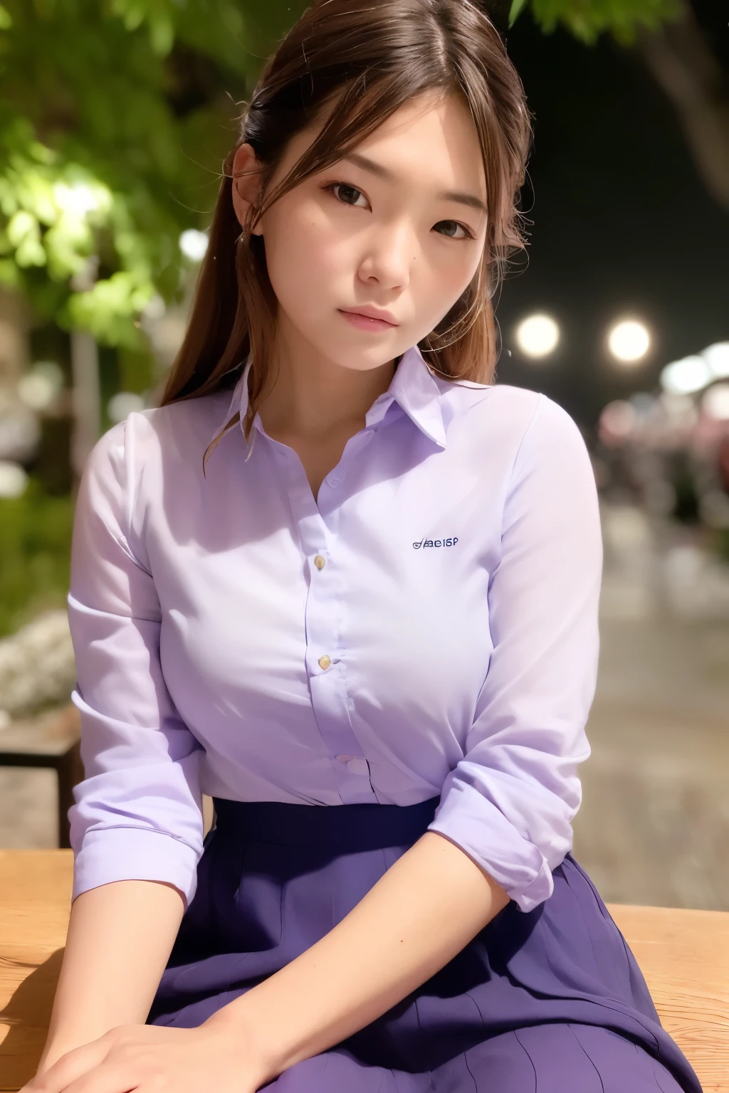 One-person viewpoint, (masutepiece:1.3), High resolution, ultra-detailliert, the Extremely Detailed CG Unity 8K Wallpapers, Realistic, photo-Realistic, Raw photo, beautifull detailed face, pale skin, Realistic glistening skin, Detailed Cloth Texture, detailed hair texture, Perfect body, Beautiful face, 准确, Anatomically correct, ノ 非常に詳細な顔with  the肌の質感, Natural neck length, (beautiful hand air skin:1.2), thin legs, Thin feet, Aligned teeth, 
BREAK, 
Detailed eyes, symmetrical eye, Light brown eyes, Double eyelids, Thin eyebrows, (Glossy lips:1.4), (Sleepy face:1.2), (blush:1.3),
BREAK, 
(Classy and cute girl:1.3), (Wear elegant clothes (Light purple) Button shirt:1.2), ((navy) Long skirt with irregular hem:1.2), Close the button, (Long skirt), 
medium breasts, (スラッwith  theした体型:1.1), Firm abs, Beautiful collarbone, 
(Dark blonde hair, Wavy Hair, Long hair:1.2), ((asymmetrical bangs:1.2)), 
BREAK, 
(On the table, (With yakitori, french fries, salad, with  the「Takoyaki」 ):1.2), (Sitting across from), ((彼女のあごをそっwith  the持ち上げてテーブルに肘を置きます:1.3)), 
(in the outdoor 'Biergarten' of Japan at Night)), (Night), (Night), (Night), (upperbody shot:1.2), Looking at Viewer, view from front,