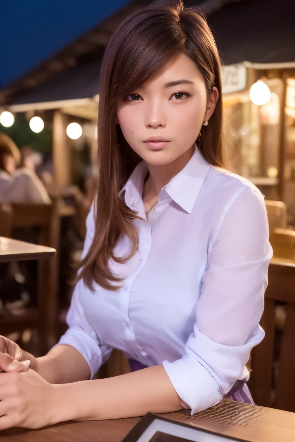 One-person viewpoint, (masutepiece:1.3), High resolution, ultra-detailliert, the Extremely Detailed CG Unity 8K Wallpapers, Realistic, photo-Realistic, Raw photo, beautifull detailed face, pale skin, Realistic glistening skin, Detailed Cloth Texture, detailed hair texture, Perfect body, Beautiful face, 准确, Anatomically correct, ノ 非常に詳細な顔with  the肌の質感, Natural neck length, (beautiful hand air skin:1.2), thin legs, Thin feet, Aligned teeth, 
BREAK, 
Detailed eyes, symmetrical eye, Light brown eyes, Double eyelids, Thin eyebrows, (Glossy lips:1.4), (Sleepy face:1.2), (blush:1.3),
BREAK, 
(Classy and cute girl:1.3), (Wear elegant clothes (Light purple) Button shirt:1.2), ((navy) Long skirt with irregular hem:1.2), Close the button, (Long skirt), 
medium breasts, (スラッwith  theした体型:1.1), Firm abs, Beautiful collarbone, 
(Dark blonde hair, Wavy Hair, Long hair:1.2), ((asymmetrical bangs:1.2)), 
BREAK, 
(On the table, (With yakitori, french fries, salad, with  the「Takoyaki」 ):1.2), (Sitting across from), ((彼女のあごをそっwith  the持ち上げてテーブルに肘を置きます:1.3)), 
(in the outdoor 'Biergarten' of Japan at Night)), (Night), (Night), (Night), (upperbody shot:1.2), Looking at Viewer, view from front,