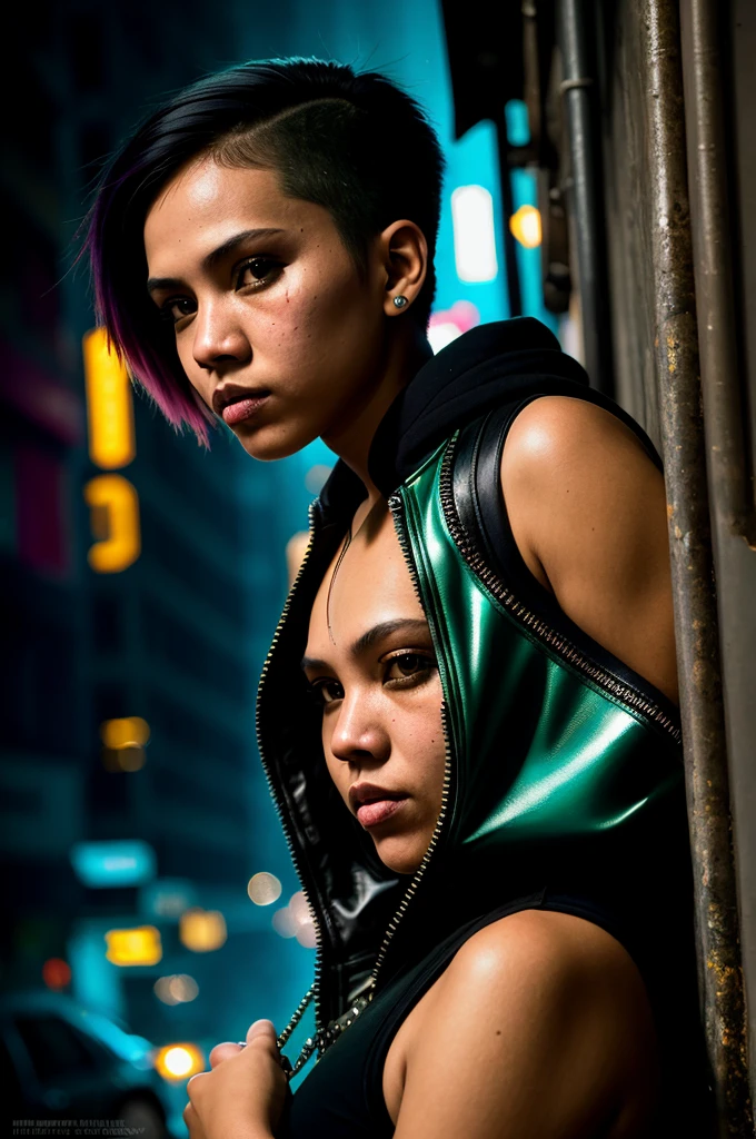 A tenacious cyberpunk filipina punk rock girl hiding from government agents in a bustling metropolis, weaving through crowded streets and dark alleyways, close up, Detailed clothes, green eyes, short shaved hair, determined expression, shiny glossy skin, subsurface scattering, (sharp:0.7), [(colorful explosion psychedelic paint colors:1.21)::0.05], amazing fine detail, Nikon D850 film stock photograph Kodak Portra 400 camera f1.6 lens, rich colors, lifelike texture, dramatic lighting,  environment, skyscrapers, neon signs, gritty streets, steam, smoke, street vendors, dynamic composition, unreal engine, trending on ArtStation, cinestill 800 tungsten