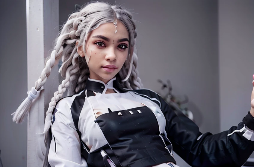 Black man, white hair, white dreadlocks, anime, croptop, spike braclets, black jacket, grey eyes, grey colored eyes, emo, black man, ebony man, wild, beauty mark, beauty mark on cheekbone, mole on face,