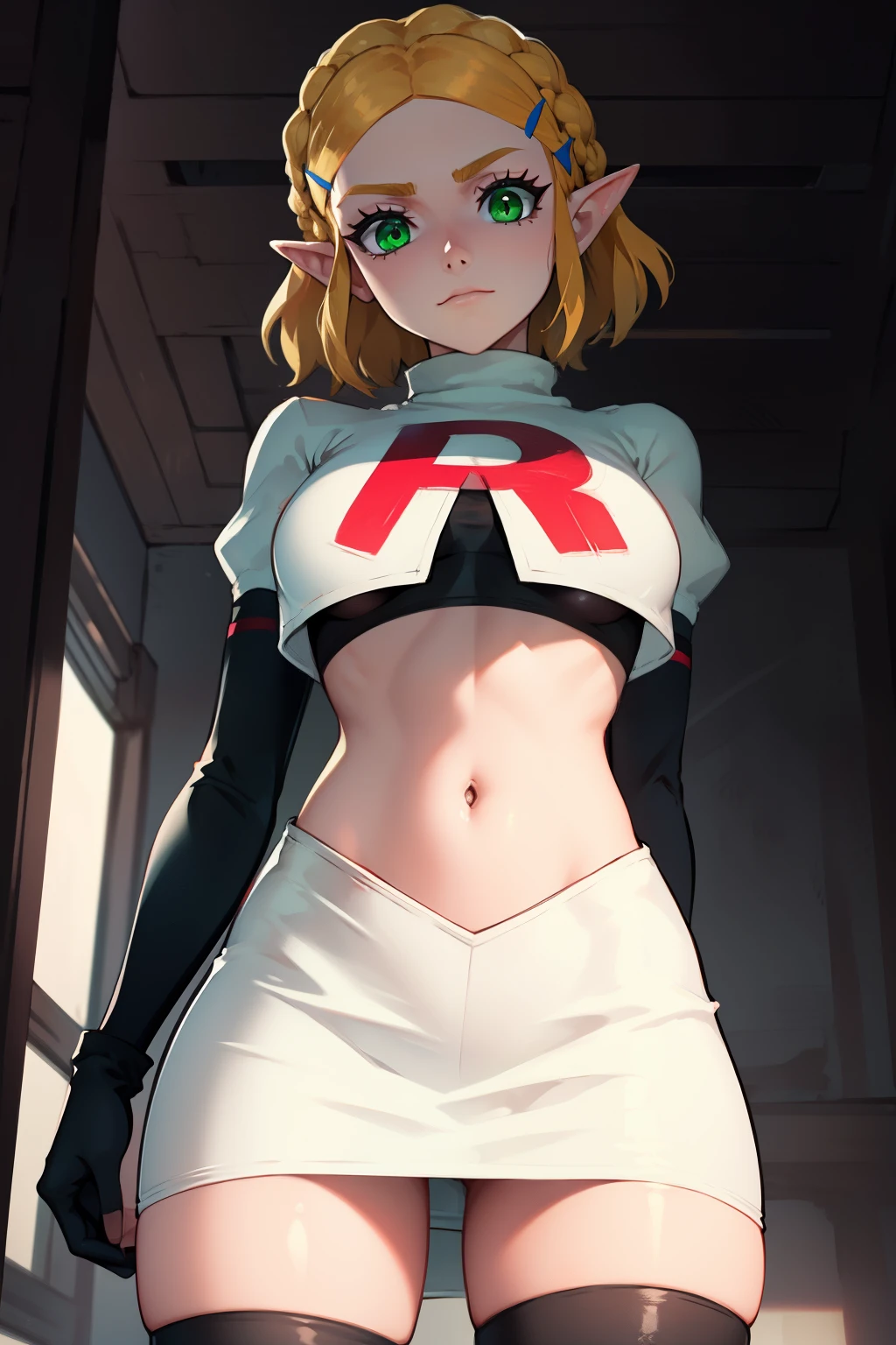 Zelda, green eyes, short hair ,team rocket,team rocket uniform, red letter R, white skirt,white crop top,black thigh-high boots ,black elbow gloves, sinister villianess look, looking down on viewer, arms behind back