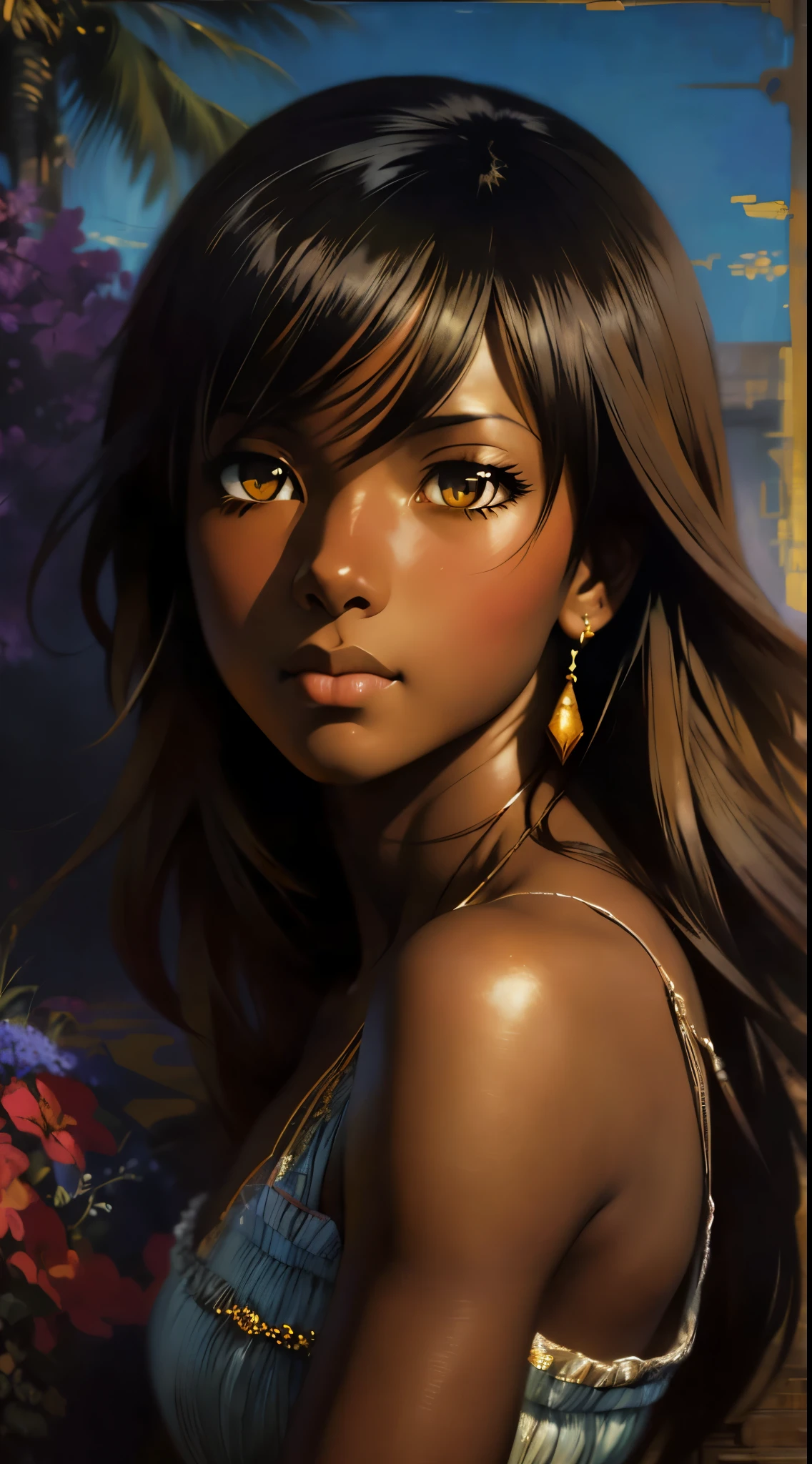 ((Solo Beautiful Carribean woman with dark skin and striking eyes)),  shadowed interior background, art by akihiko yoshida, manga art style, colorfield illustration, scary atmosphere, global illumination, by frank frazetta, art by goro fujita, glamor shot, banner, blur, anime key visual, (blue, yellow and gray colors), photorealistic,  dramatic, anime girl, ((african american features, ebony nose)) , black hair, intricately detailed, chiaroscuro, pino daeni, impressionist (best quality, masterpiece)