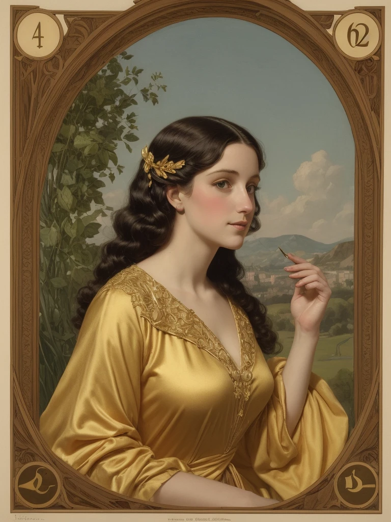 Art nouveau, young woman dressed in golden silk, Don Lawrence, digital, D'Albert Uderzo and Frank Bellamy, oil and ink