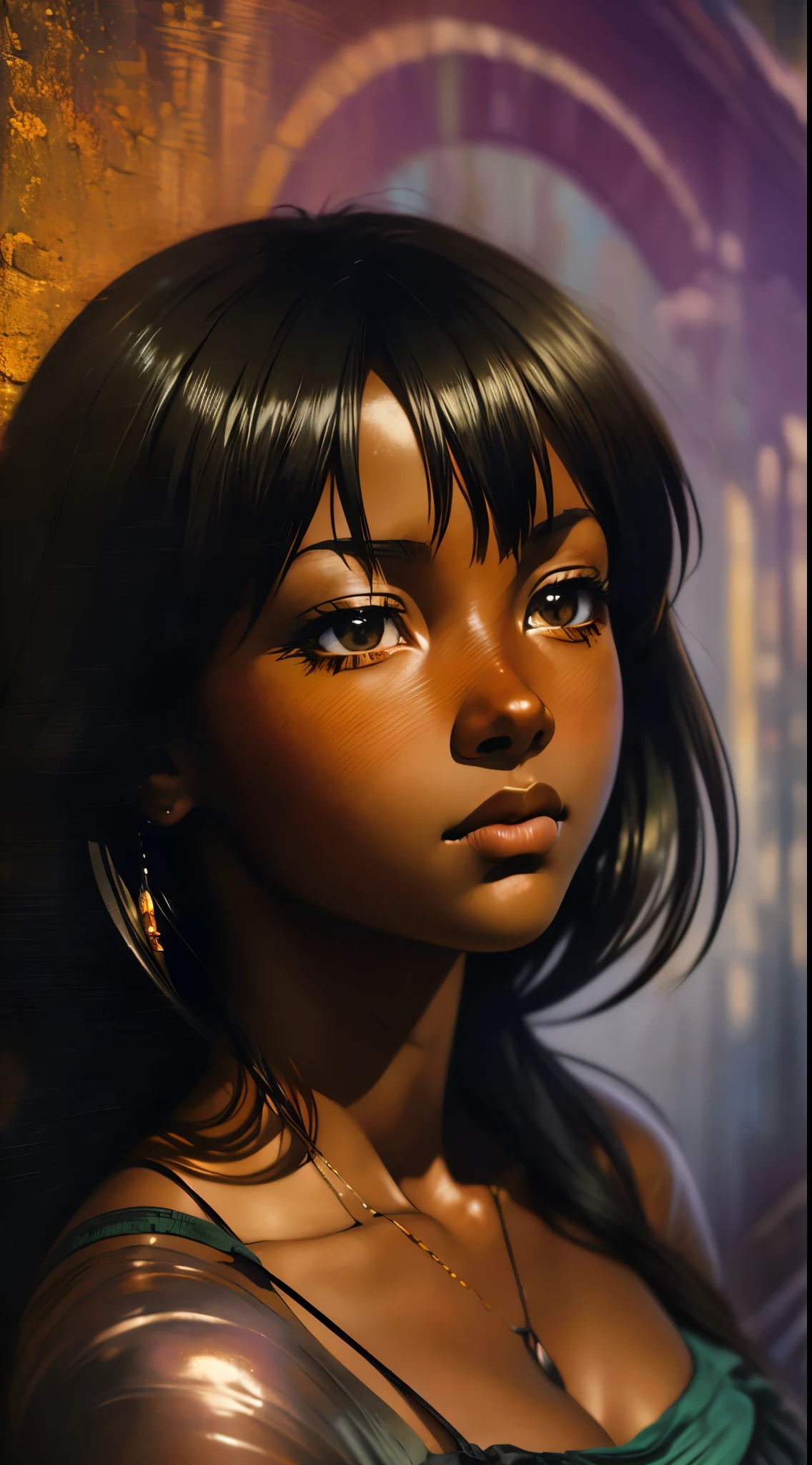 ((Solo Beautiful Carribean woman with dark skin and striking eyes)),  shadowed interior background, art by akihiko yoshida, manga art style, colorfield illustration, scary atmosphere, global illumination, by frank frazetta, art by goro fujita, glamor shot, banner, blur, anime key visual, (blue, yellow and gray colors), photorealistic,  dramatic, anime girl, ((african american features, ebony nose)) , black hair, intricately detailed, chiaroscuro, pino daeni, impressionist (best quality, masterpiece)