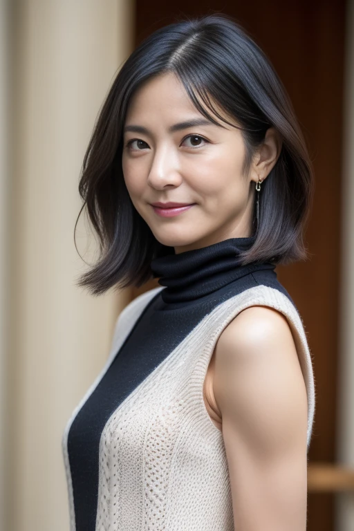 Best Quality, hight resolution, Hires, Skin definition, Detailed skin, Detailed eyes, Detailed face, 4K, 日本人A MILF, ((独奏)), (((50 years old))), (Wrinkles at the corners of the eyes:1.6), (nasolabial folds:1.3), A MILF, glamor, A sexy, Chromo-white skin, ((Wavy Longhair)), Looking at Viewer,(((my skin is old))), ((muscles are old)), (((A slender))), ((Saggy udder)), (Saggy buttocks), ((Japanese Models)), 4K, (photoRealistic:1.5), Realistic, nffsw, Beautiful, Bimbo, Perfect makeup, small diamond necklace, piercings, ((Brown coat, White turtleneck sweater, sleeveless, Argyle pattern pleated skirt, Black long boots )), ssmile, Public places,
