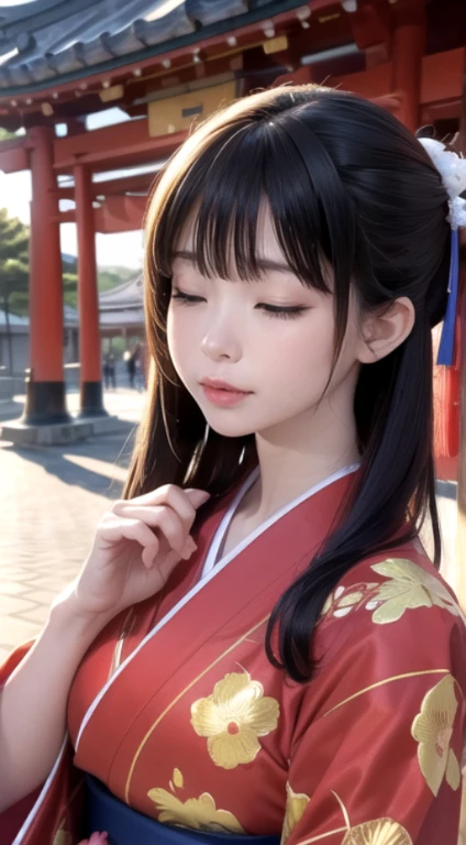 (New Year's scenery of Japan), ((In SFW)), Extreme face close-up,(Over Head Shot:1.2),1girl in,(Ultra detailed skin),Curve,Petite,huge tit,pale skin,pointed breast,Highest image quality,Hyperrealist portrait,(8K),Ultra-realistic,Best Quality, High quality, High Definition, High quality texture,high detailing,Beautiful detailed,fine detailed,extremely details CG,Detailed texture,realistic representation of face,masutepiece,presence,Dynamic,(super thin hair),(ultra soft hair),(ultra straight hair:1.5),Swept long bangs,Extra bright coppery amber hair,Hair over one eye, (Reddish blush), Woman in Kimono:1.5, ((Eyes closed)), ((put your palms together in front of your face)), A woman wearing a kimono and standing bare skin, (kimono with embroidery), ((Cute kimono)), ((hair rolled up with hairpins)), Kadomatsu City, Komainu, Red torii gate, large company, Customers praying, gorgeous new year decorations, 金箔装飾されたlarge company, At the shrine shining in the morning sun