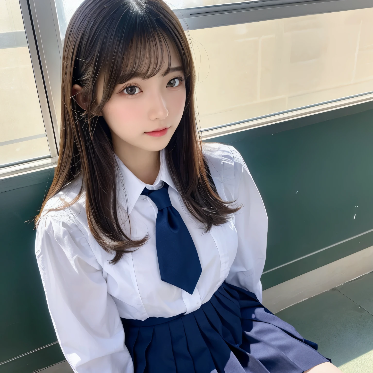 ​masterpiece、top-quality、The ultra -The high-definition、、colourfull、flat-colors、depth of fields、Lens Flare 1 Girl、、sitting on、A dark-haired、watching at viewers、schools、‎Classroom、Pleated mini-skirt、Take off your school uniform、serafuku、black pantyhose、Detailed feel、Detailed Cloth Texture、beautifull detailed face、30-year-old beauty、 atmosphere