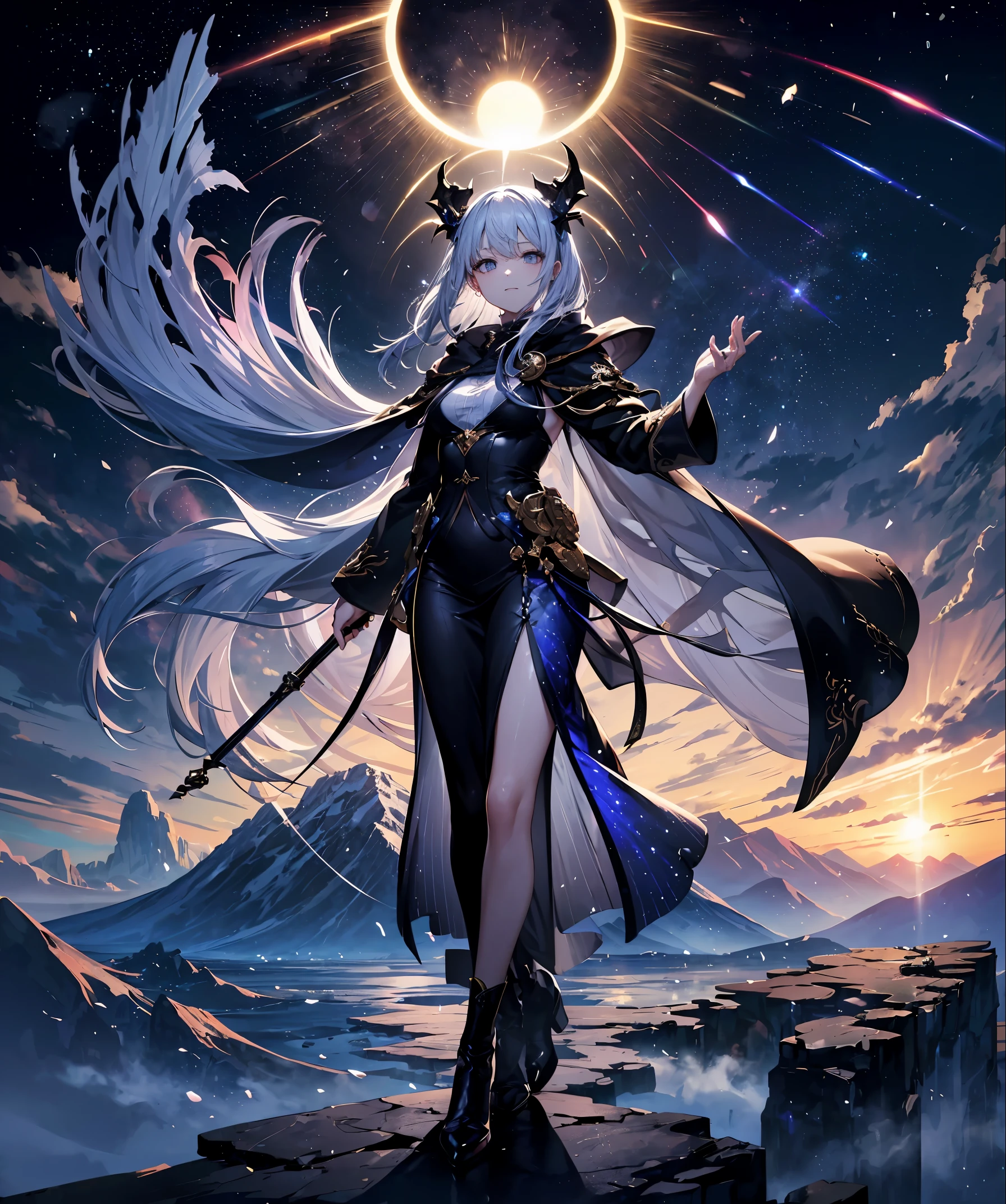 (((masterpiece)))、(((top-quality)))、((ultra-detailliert))、(illustratio)、((extremely delicate and beautiful))、、Bright smile、floating、Light purple hair、(Detailed light) (1girl in)、、独奏、The long-haired、The wind is blowing、A WORLD、(cute eye)、Create a mesmerizing fantasy art image depicting a powerful magician standing on an eroded towering rock. Rocks should be placed on the edge of a high cliff, Provides magicians with breathtaking views of mysterious landscapes. A scene that unfolds against the backdrop of majesty, Snow-capped mountains as far as the eye can see々. These towering peaks are、Should be shrouded in ethereal mist.., Add an air of mystery to the stage. The mountain should rise dramatically from the lower valley, That peak that delimits the horizon. In the sky, Unleash your imagination with the presence of a majestic dragon that rises gracefully. These dragons should be rendered with impressive details., Their scales are、Shine in sunlight as you dance in the clouds. These creatures are not terrifying, Rather an integral part of the world, Exudes a sense of power and wisdom. The magician himself stands tall and majestic, Wrapped in a robe that flutters in the wind. Your Staff, Sculpture with complex runes, Hold firmly with one hand, And the other hand is stretched towards the mountain, As if channeling the magic of the earth itself. Its length is, The beard and loose hair give him an aura of timeless wisdom, As his eyes shine with otherworldly knowledge. Just as the sun casts warm tones on the landscape, Capture the moment when the world seems to hold its breath in awe of the mysterious convergence of magic., naturey, And amazing creatures. The artistic style of this image is、Must be rich in detail., Show the intricate design of the magician's robe, Rock layer texture, Dragon scales glow, And the play of light in the mountains.