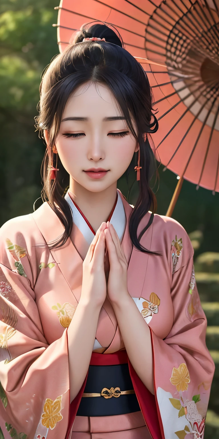 (New Year's scenery of Japan), (SFW), 8K, ((masutepiece)),(((top-quality))),((Ultra-detailed)),((((Realistic)))), Photorealsitic:1.37, (A hyper-realistic), (illustratio), (hight resolution), (ighly detailed), (The best illustrations), (Ultra-detailed細), (walls), (详细的脸), (Beautiful expression), ((詳細 top-qualityのスキン:1.2)), ((Reddish blush)), (Ultra-detailed細な背景, Detailed background), (Beautiful and aesthetic: 1.2), Extremely detailed, Woman in Kimono:1.5, ((Eyes closed)), ((put your palms together in front of your face)), A woman wearing a kimono and standing bare skin, (kimono with embroidery), ((Cute kimono)), ((hair rolled up with hairpins)), Kadomatsu City, Komainu, Red torii gate, large company, Customers praying, gorgeous new year decorations, 金箔装飾されたlarge company, At the shrine shining in the morning sun