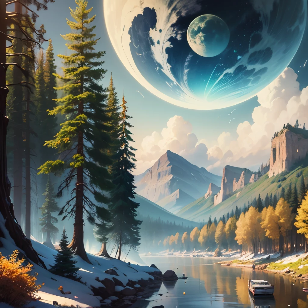 A picture of a fall landscape with trees, mountains, and a river, except the trees have purple leaves, the mountains are blue, and the river is orange, on a planet with two moons and a ring , alien and surreal digital art --auto --s2