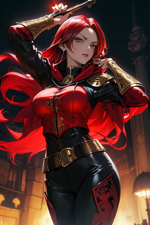 female assassin , Hunting, Medieval theme,  ((A MILF)), menacing look, Dynamic Poses, dynamic angled shot,From  above, From below,
(((masutepiece))),  ((Best Quality)), ((intricate-detail)), ((hyper realisitic)), sexy woman with assassin attribute cloth, Leather pants, corsets, hoody cloak、 (very large breast), bracers, pauldrons, Perspective, Highly detailed, Illustration, 1 girl, Perfect hands, Detailed fingers, Beautiful detailed eyes, ((Long hair)), ((Red Hair:1.2),  armor, Abstract background, nighttime scene ,fierce look, Looking at the viewer, From the front,