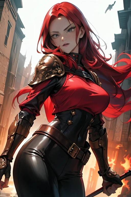 woman crimson red hair, traje de batalla (armadura color negra destruida), lleno de ira en su rostro, de rodilla, una catana enfrente de ella.